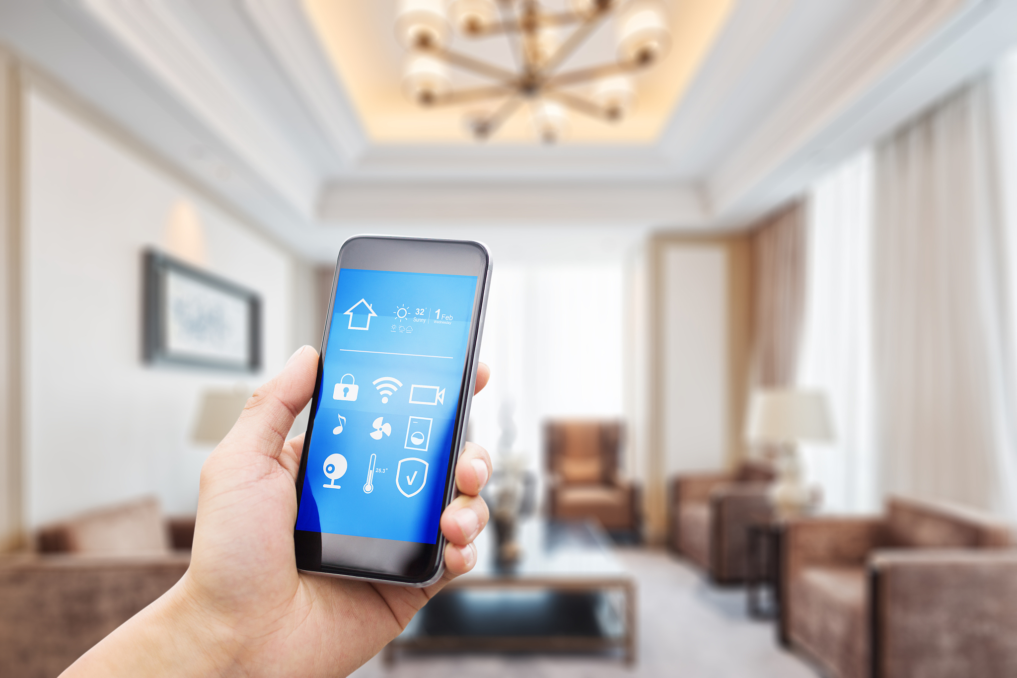 mobile phone with living room in smart home