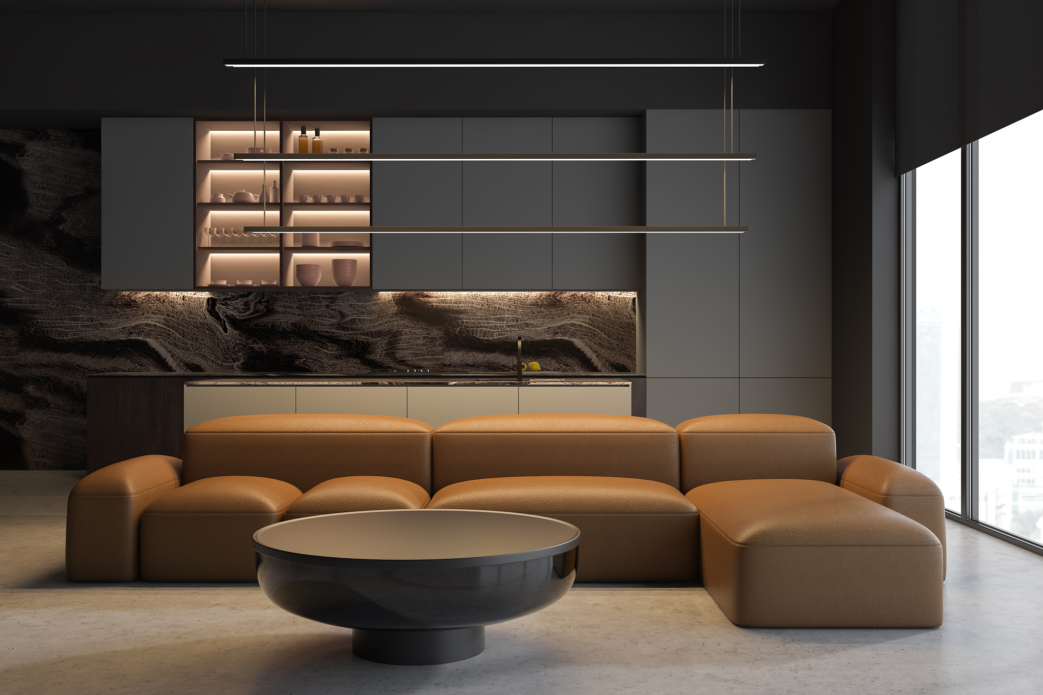 gray kitchen and living room interior