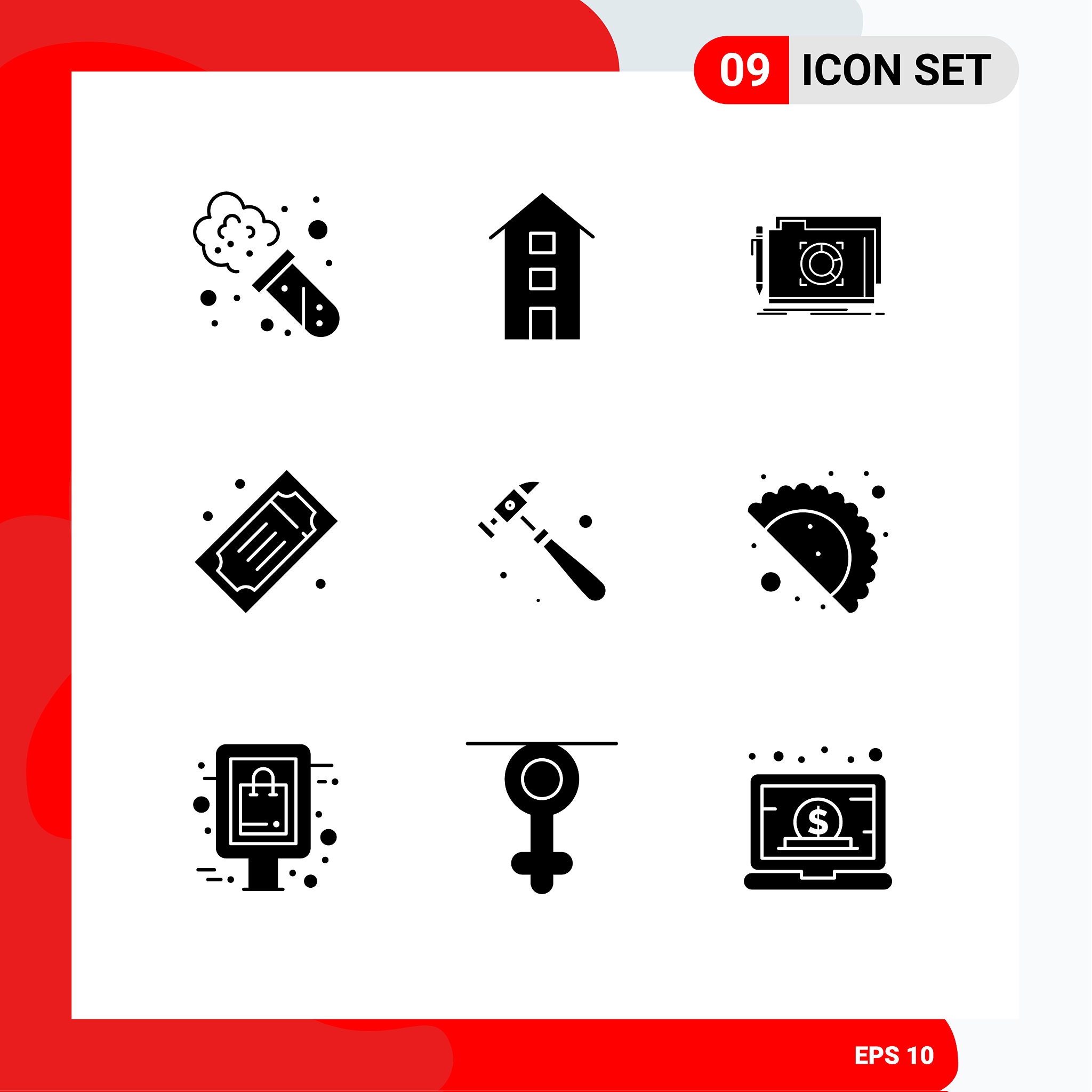 set 9 solid glyphs on grid for hammer theater