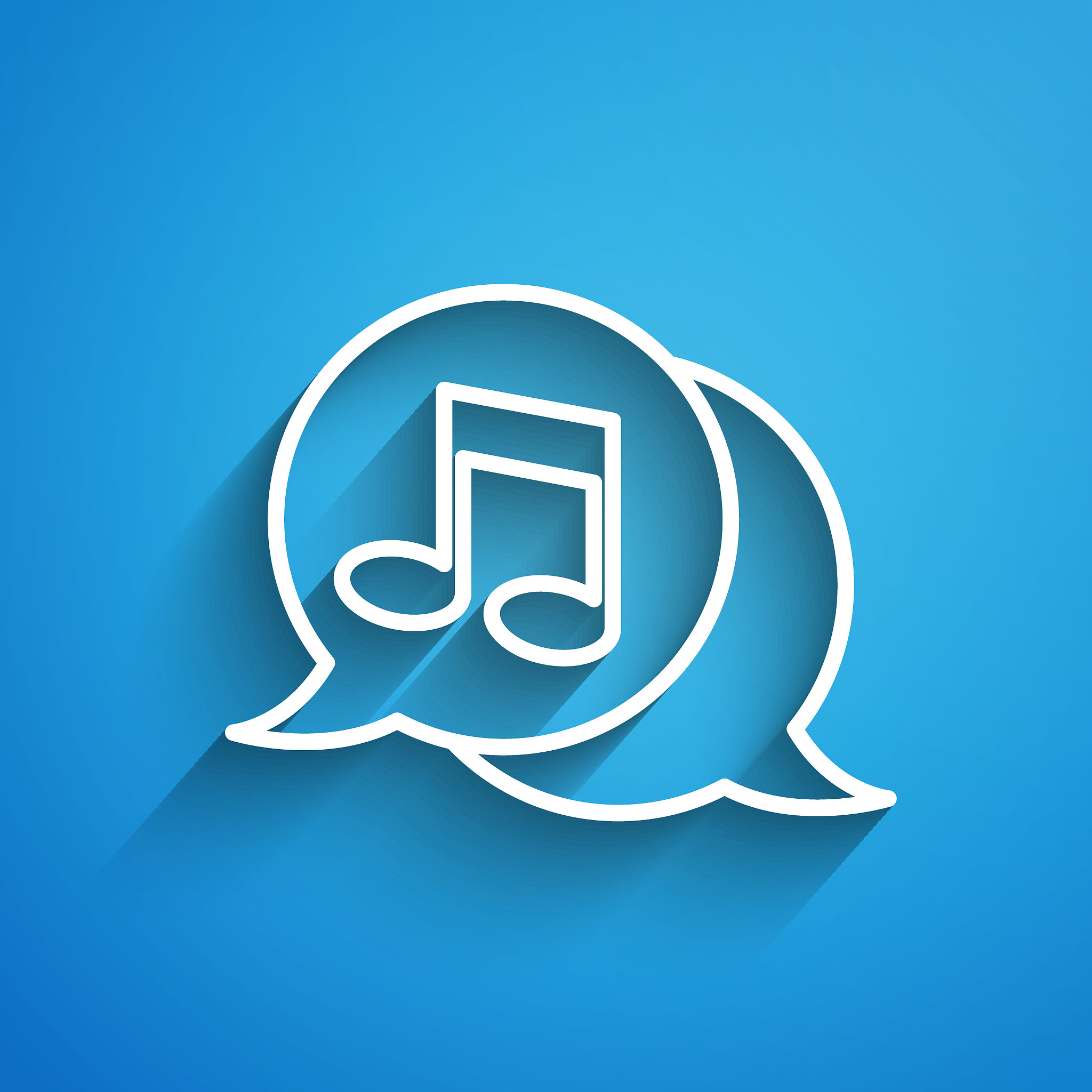 white line musical note in speech bubble icon isolated on blue b