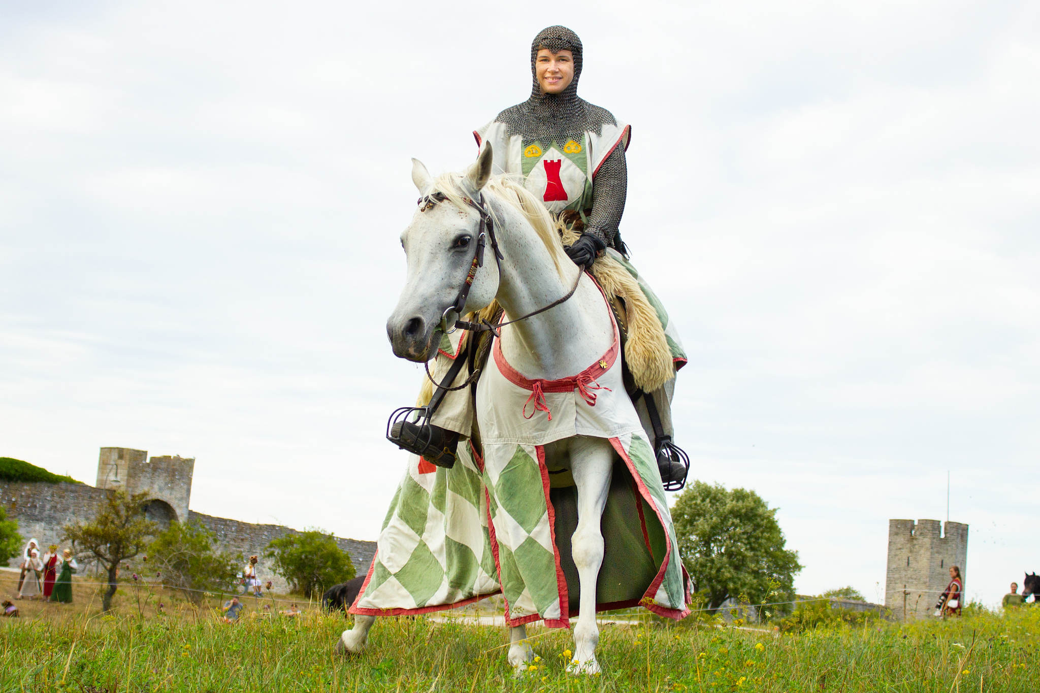 portrait of mid adult man riding horse on grassy field against s