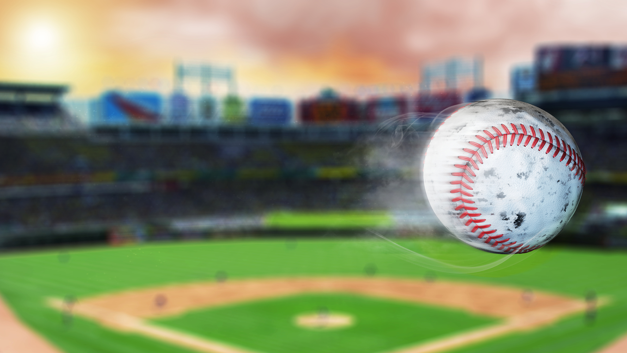 3d illustration of flying baseball leaving a trail of smoke.