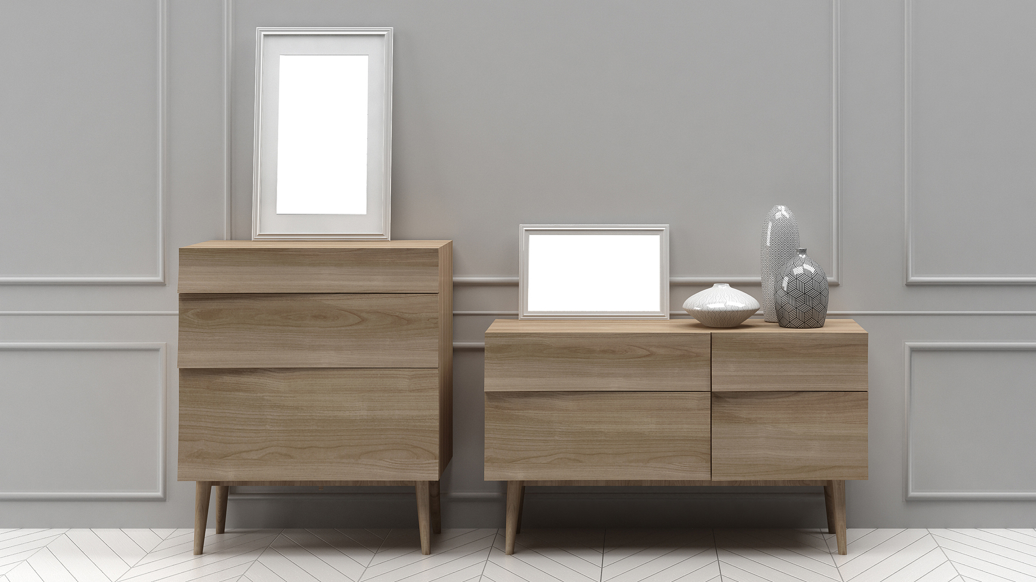 chest of drawers with frames and vases