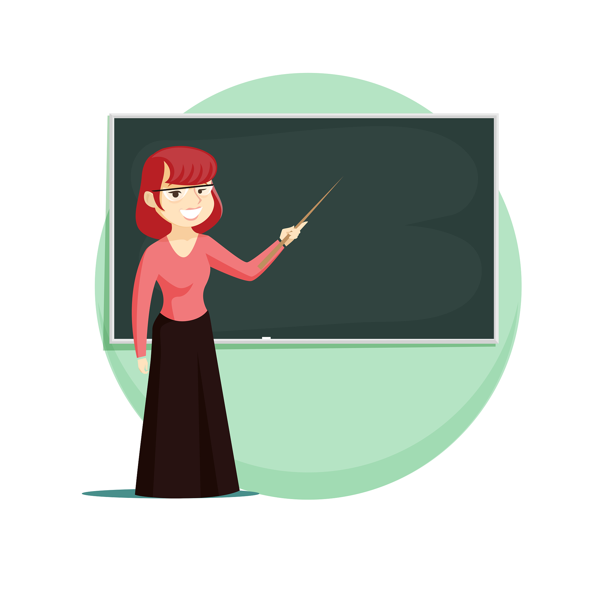 red-haired teacher stands with a pointer in the classroom at the