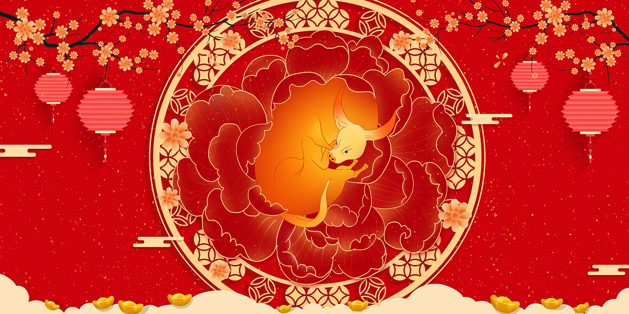 2021牛年春节年画 花朵里的牛