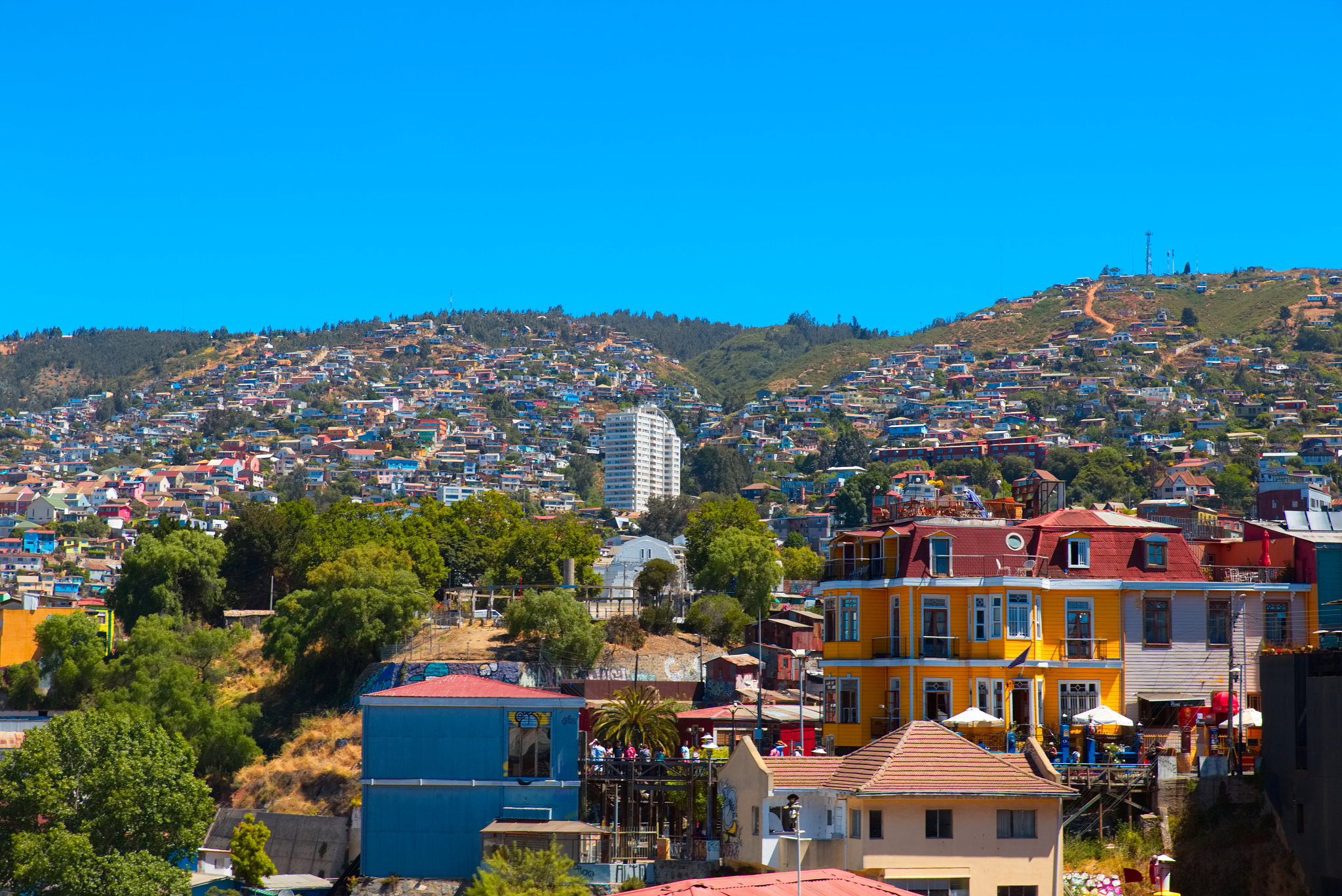 buildings in city against clear blue sky