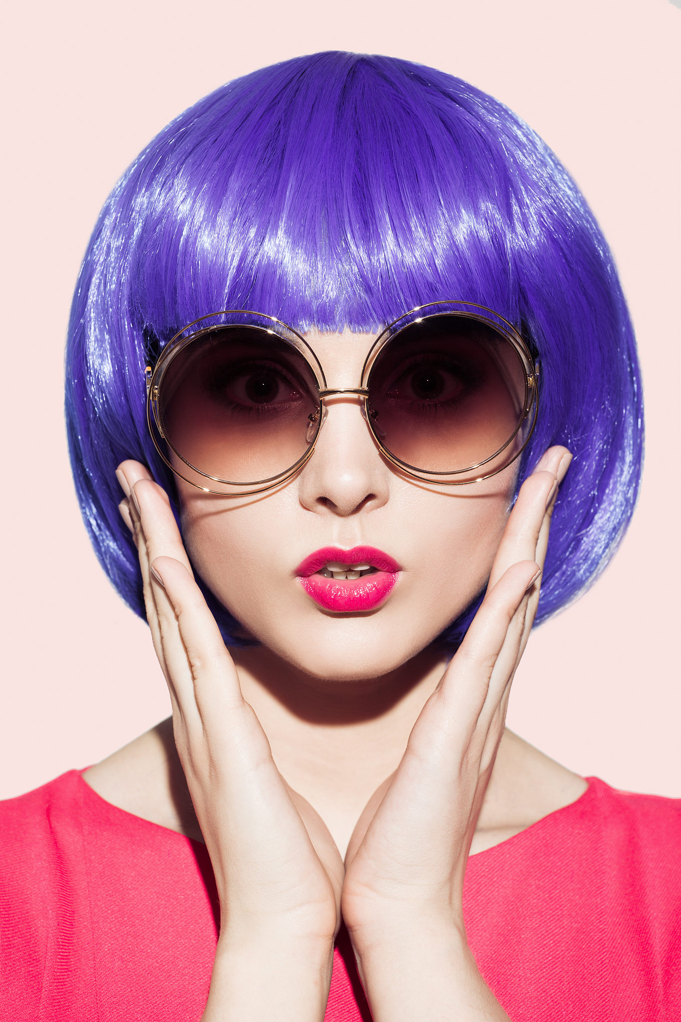 pop art woman portrait wearing purple wig.