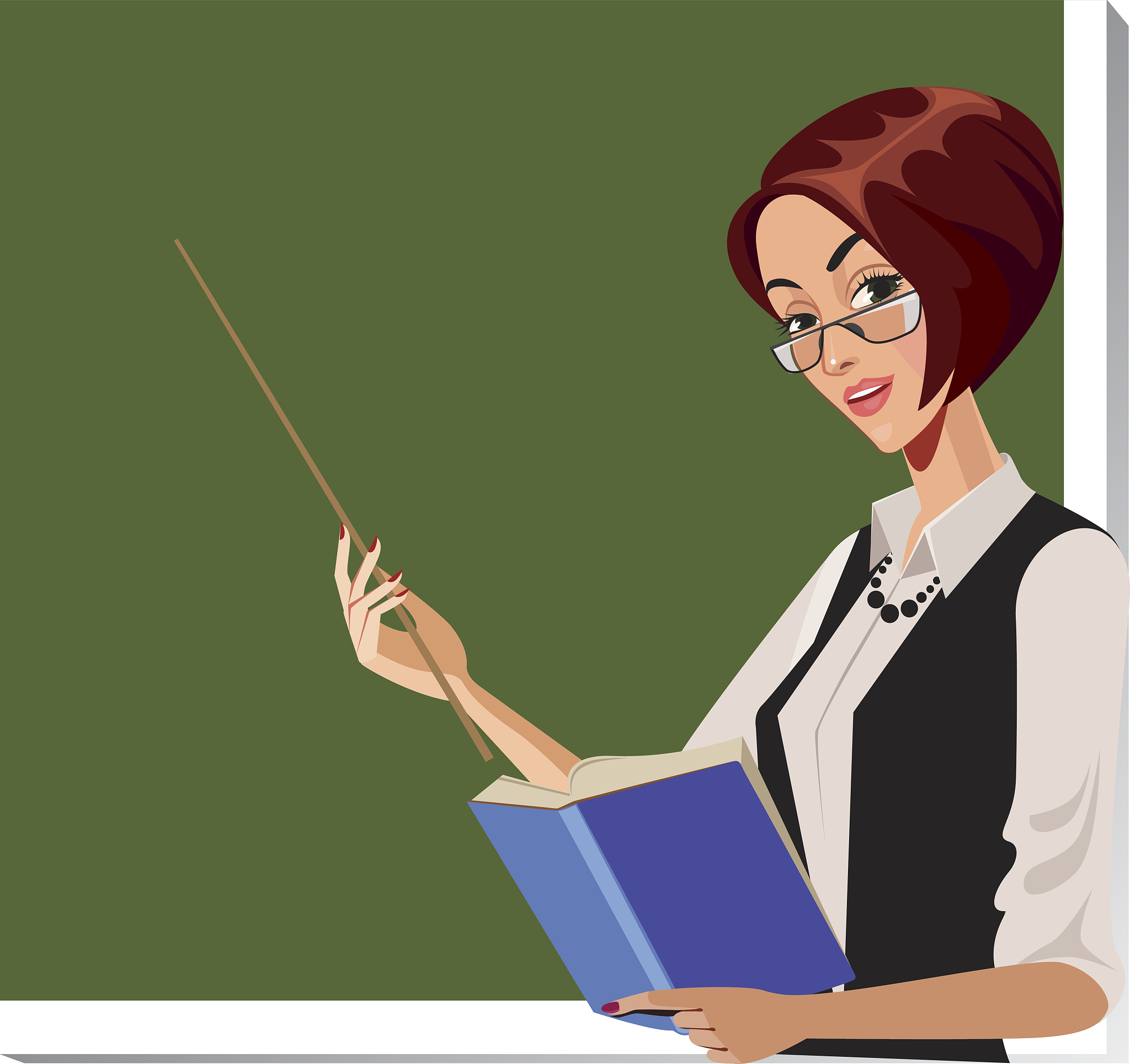 teacher at the blackboard with a book and pointer