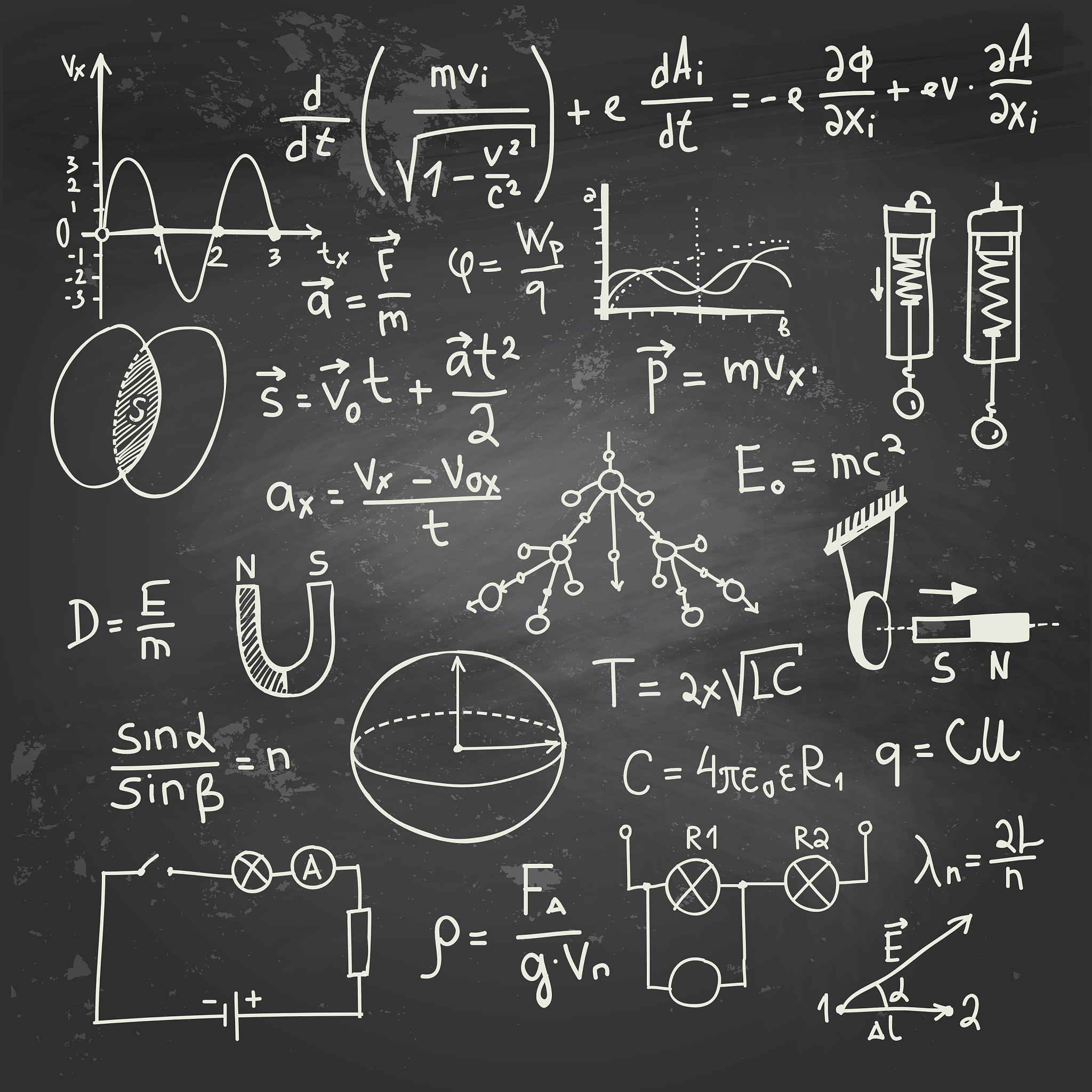 physical formulas and drawings on a chalkboard