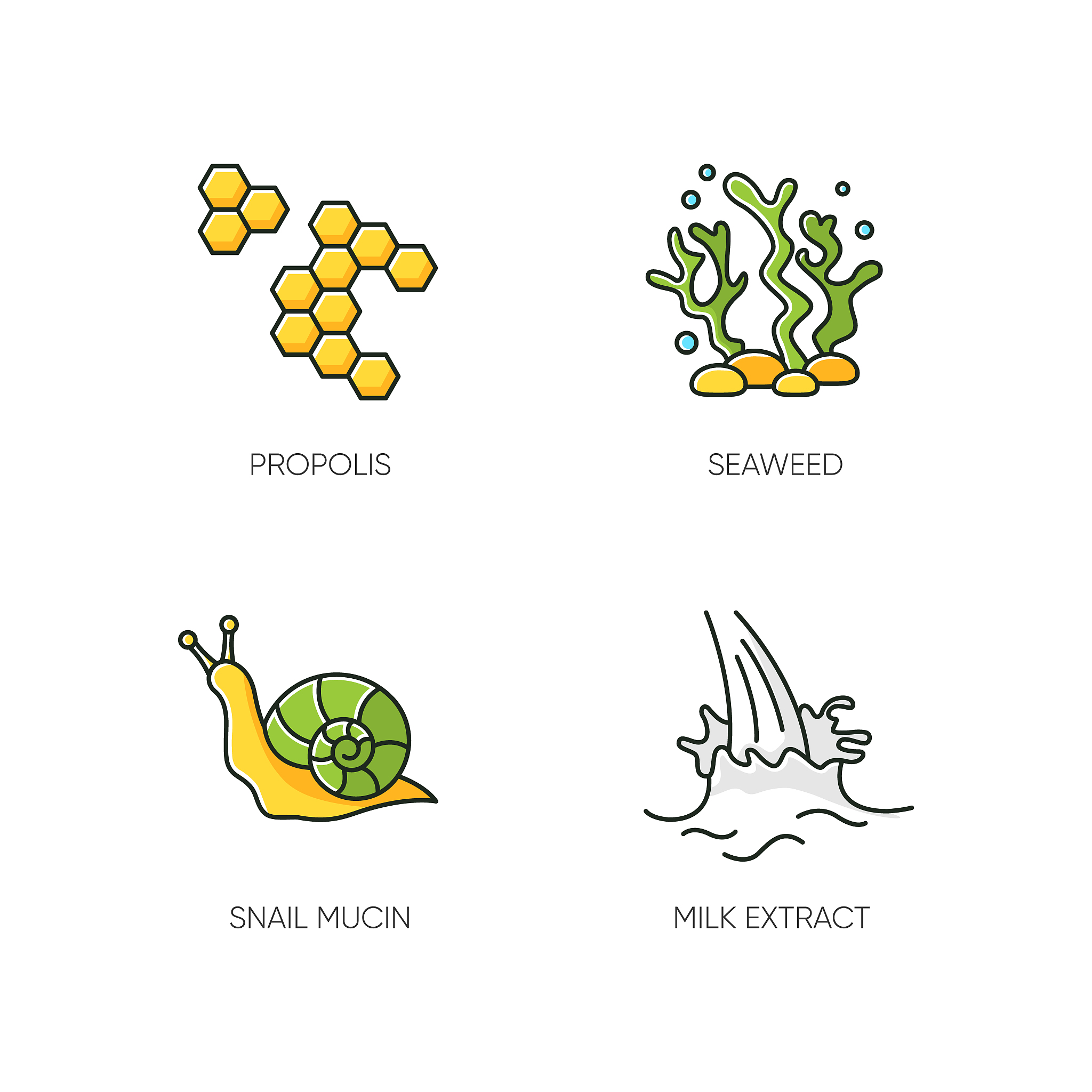 cosmetic ingredient rgb color icons set. propolis, honey comb. s