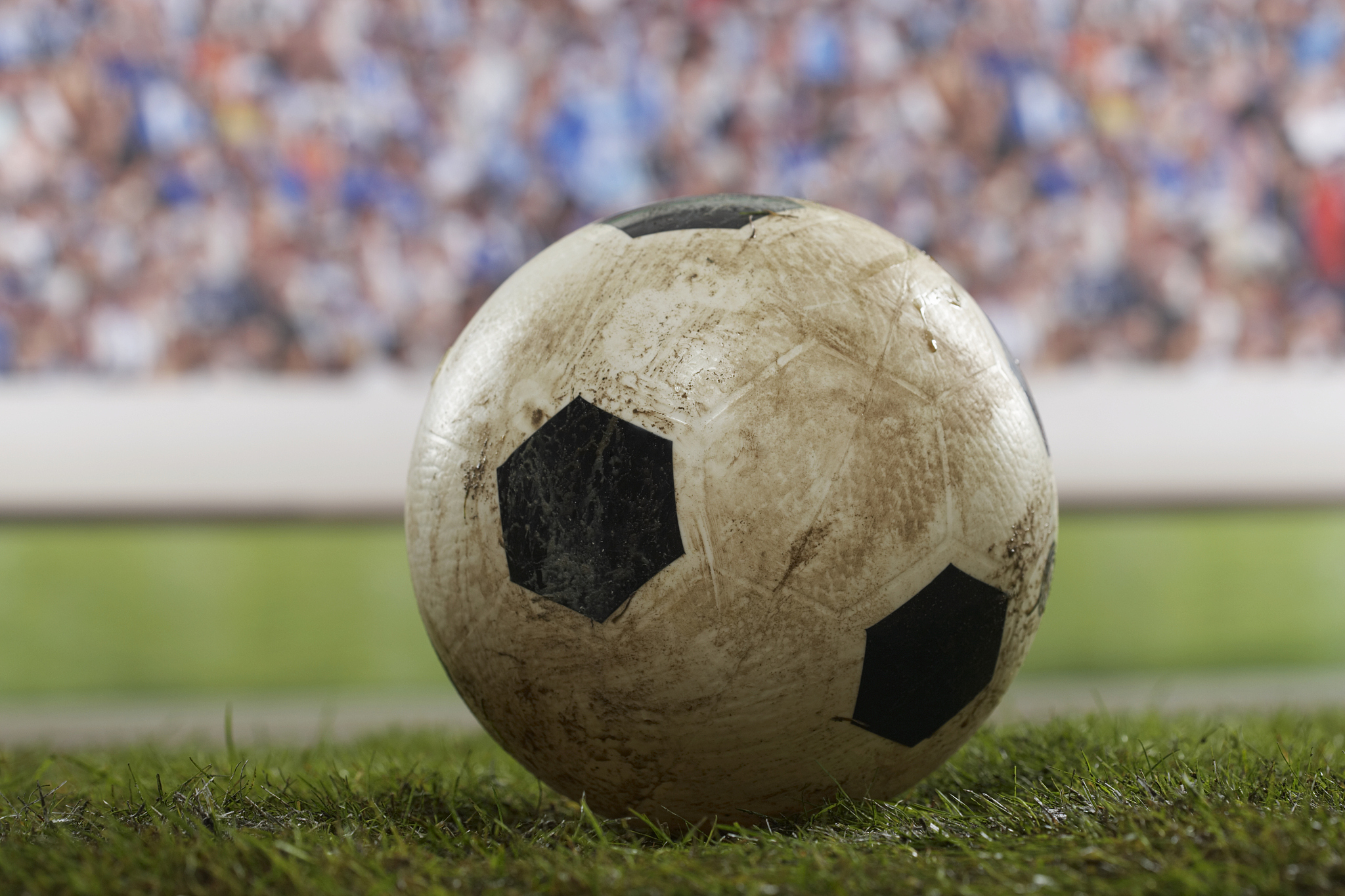 soccer ball on pitch, close up, ground view