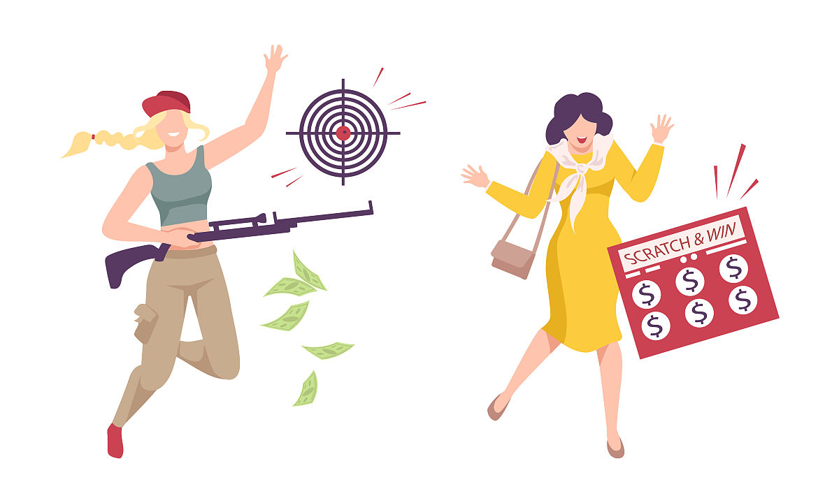幸运的女人赢得彩票头奖和射击游戏向量集