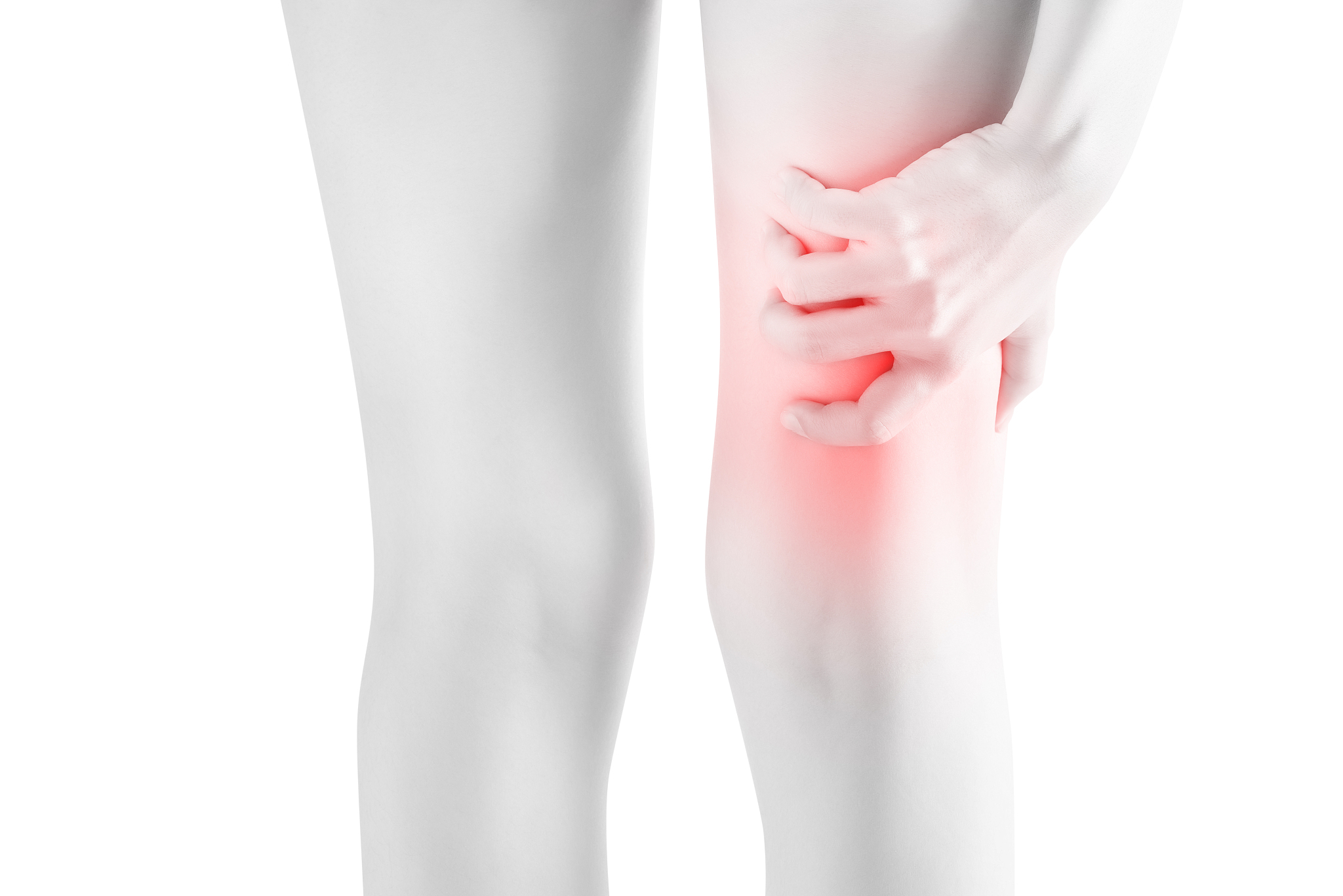 acute pain in a woman thigh isolated on white background. clippi