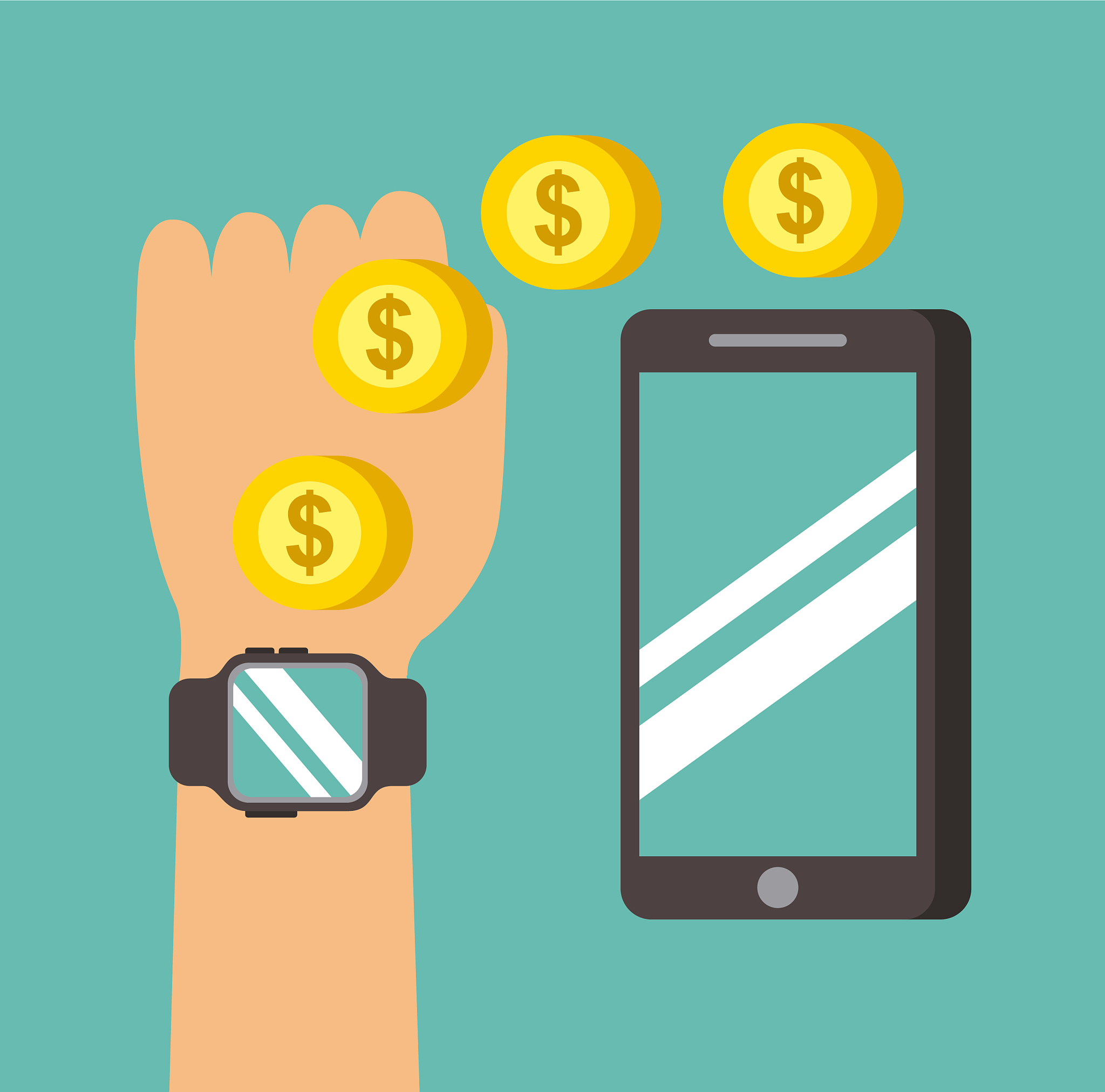 hand with smartwatch transfer money to mobile