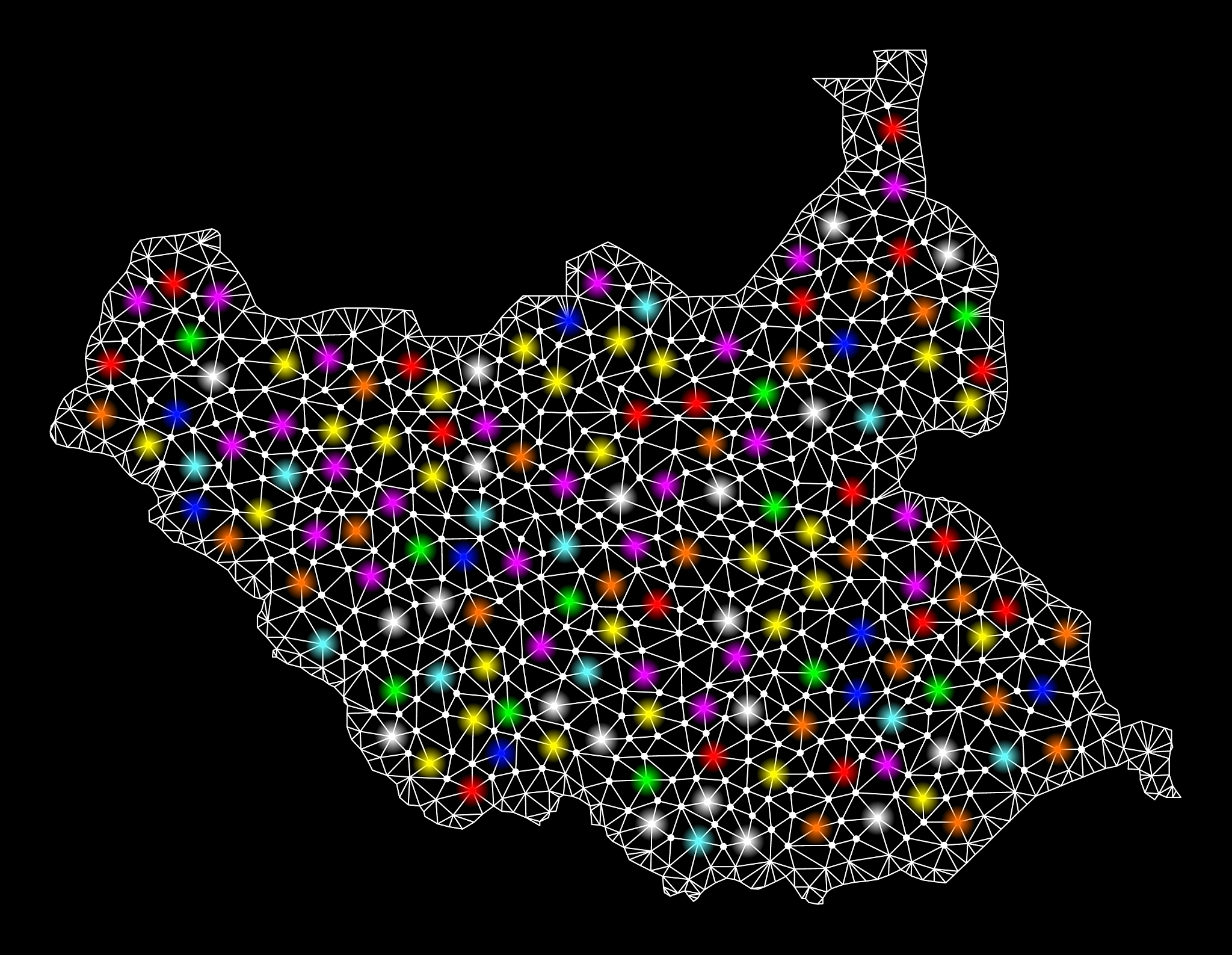 mesh wire frame map of south sudan with colorful
