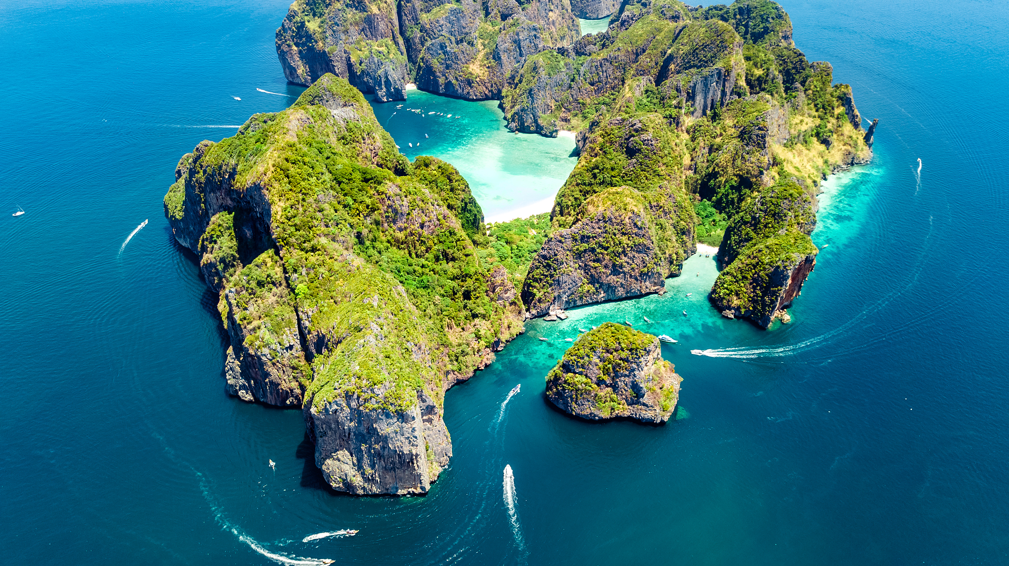 aerial drone view of tropical ko phi phi island, beaches and boa