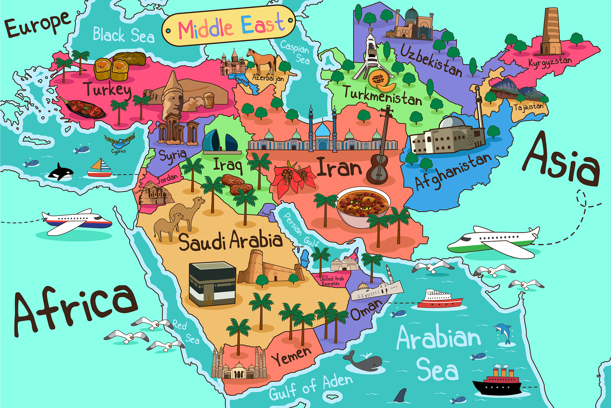 middle east countries map in cartoon style