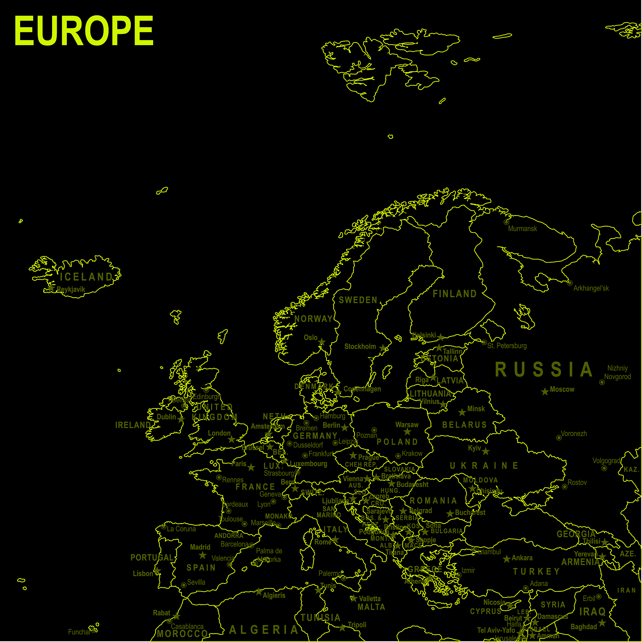 neon map of europe against black background
