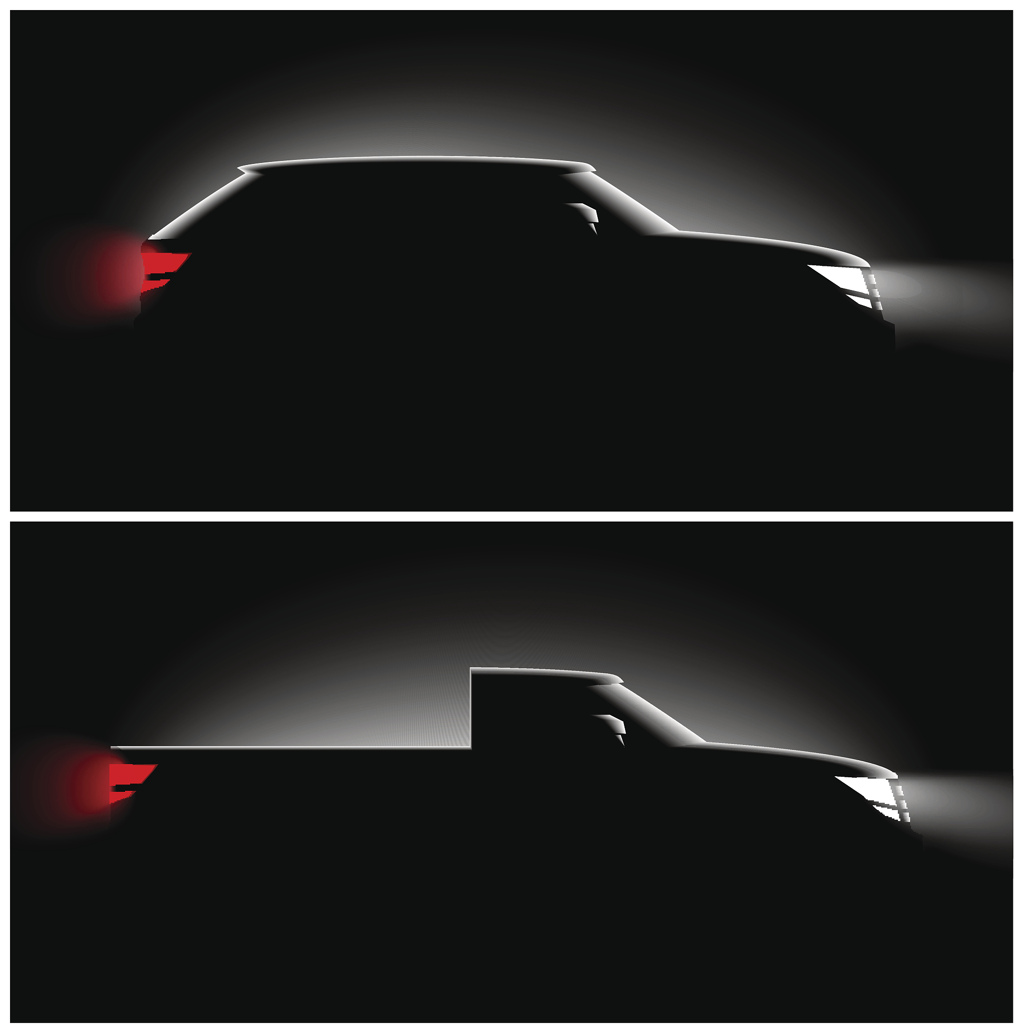 two pictures realistic pickup off-road car in the dark