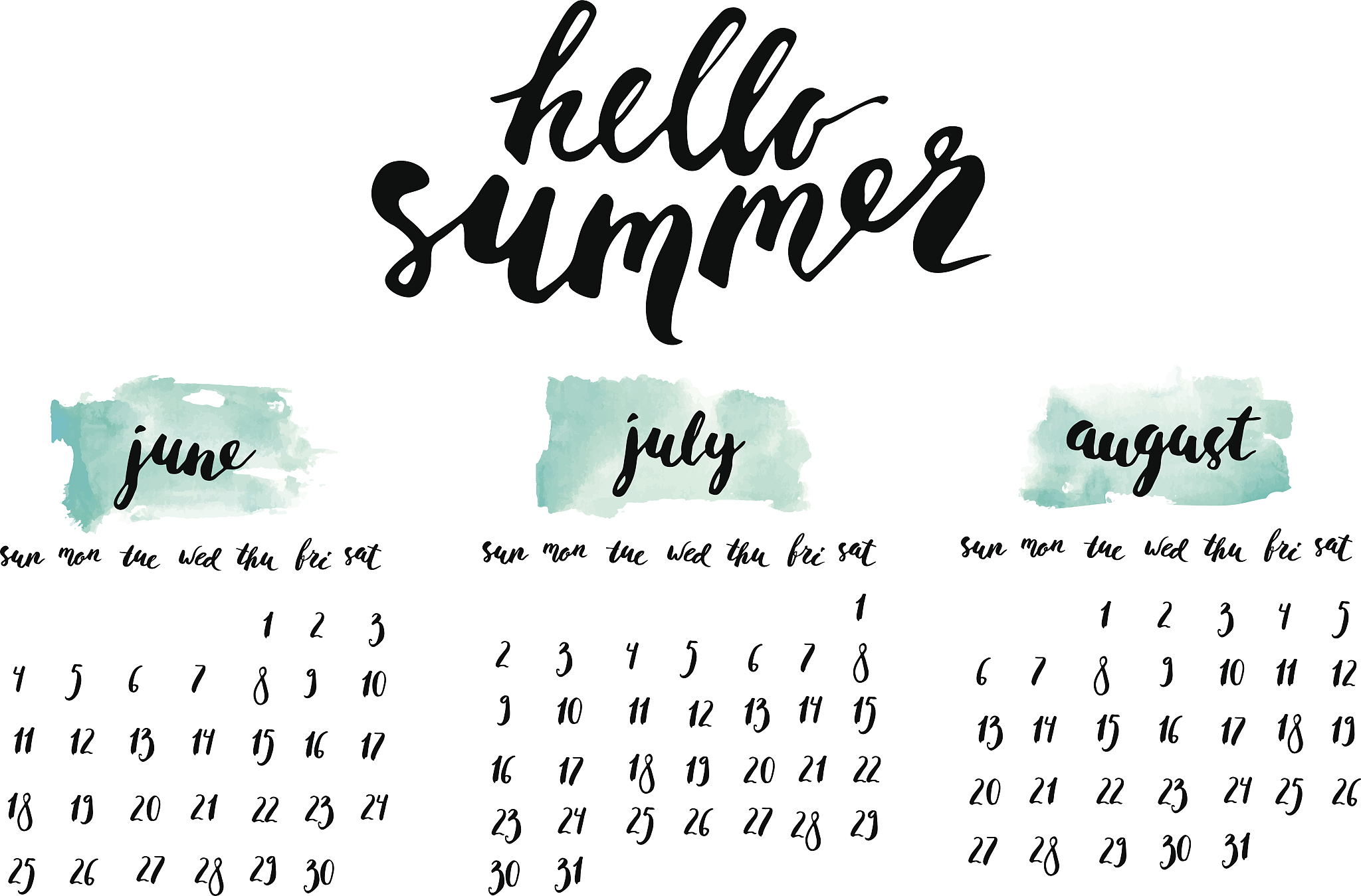 summer 2017 calendar with ink calligraphy