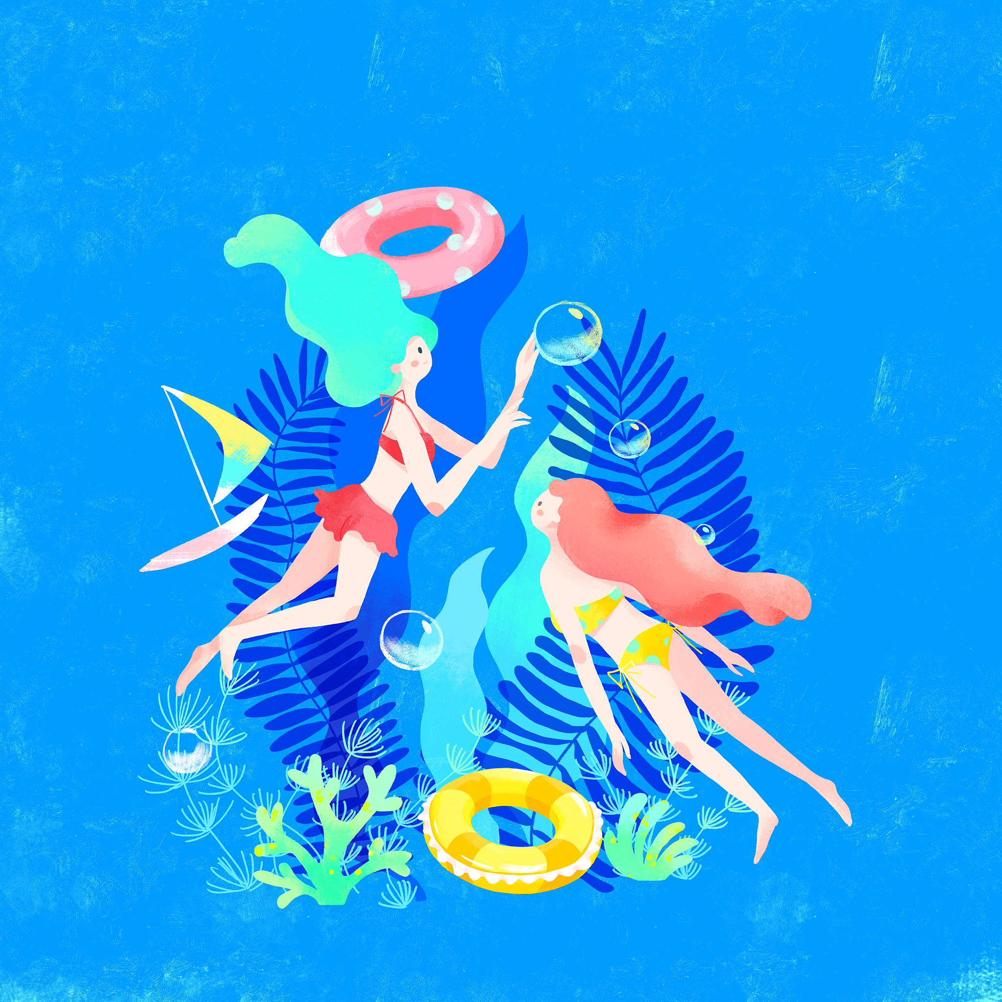 夏天潜泳的两个少女与海草游泳圈插画