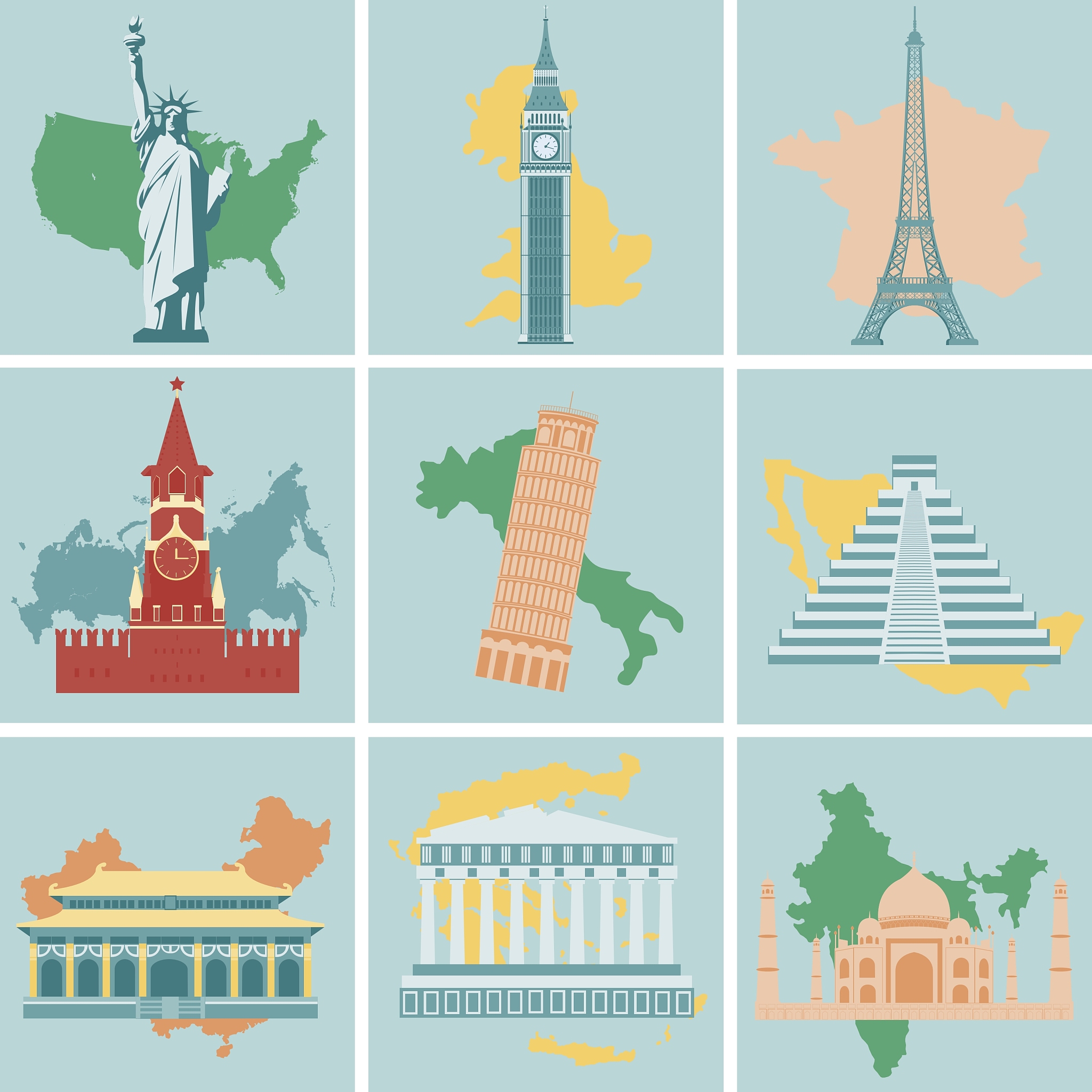 world landmarks flat icon set travel and tourism