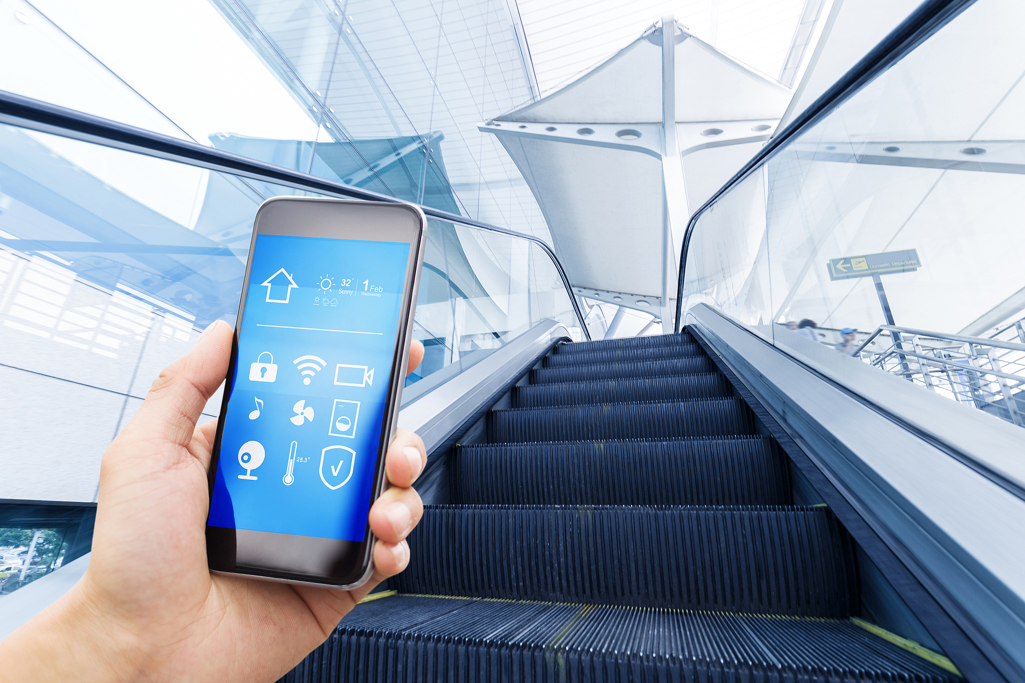 smart phone with smart home with modern escalator