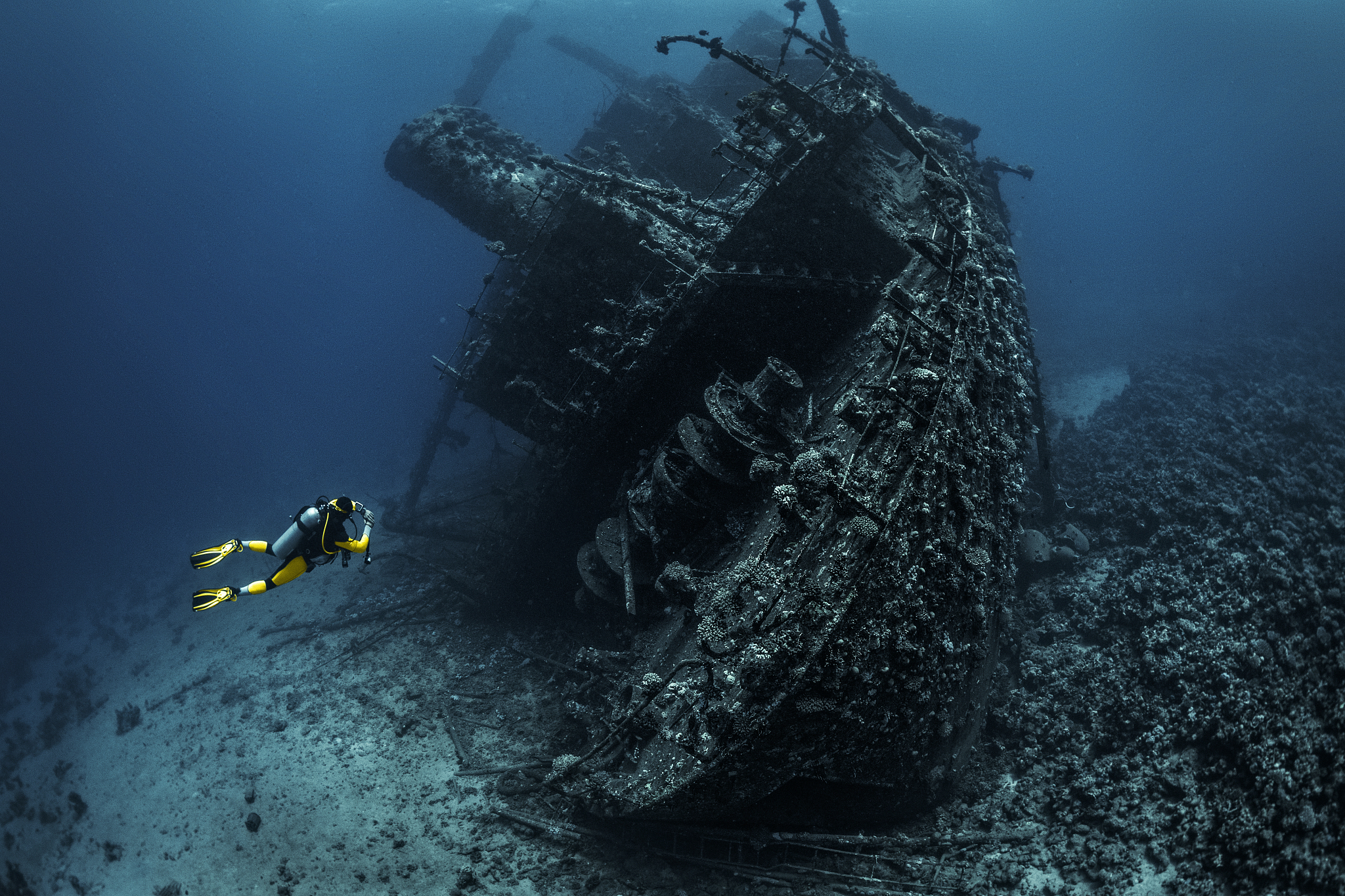 scuba diver observing a large shipwreck completely rusted and ov