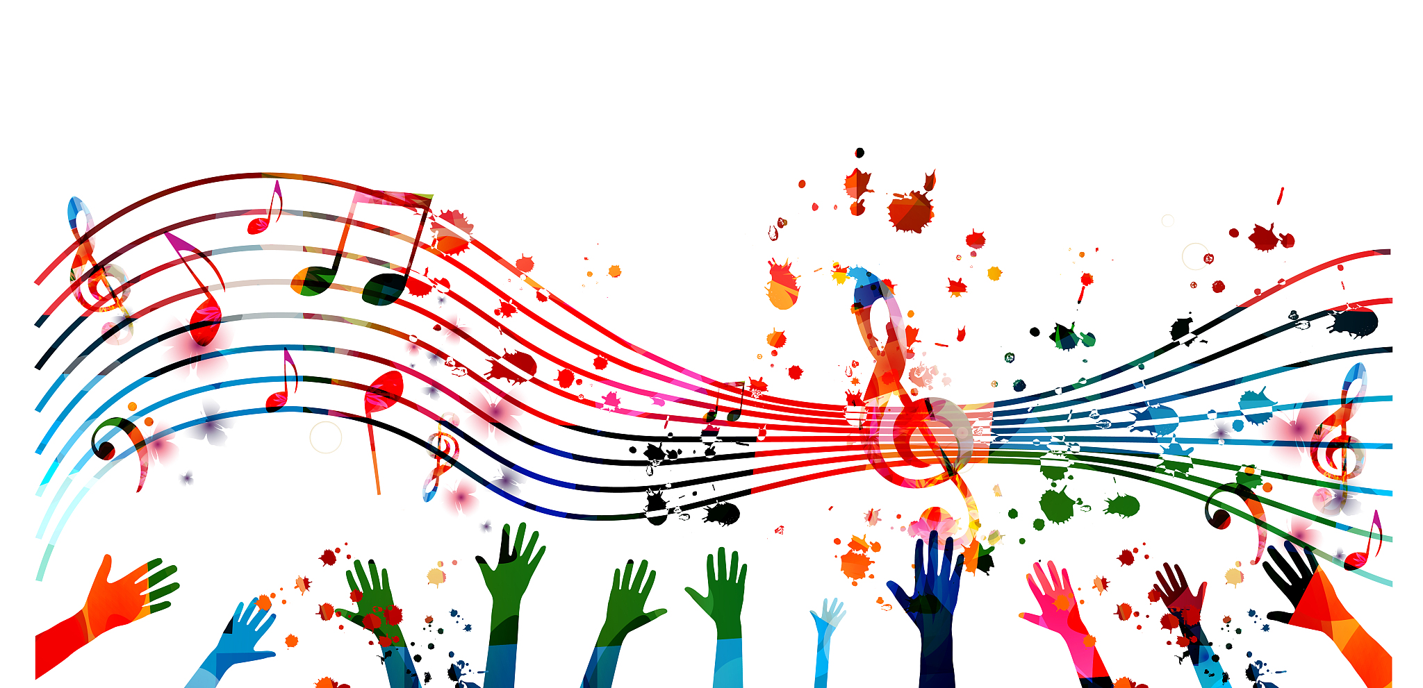 music background with colorful g-clef, music notes and hands