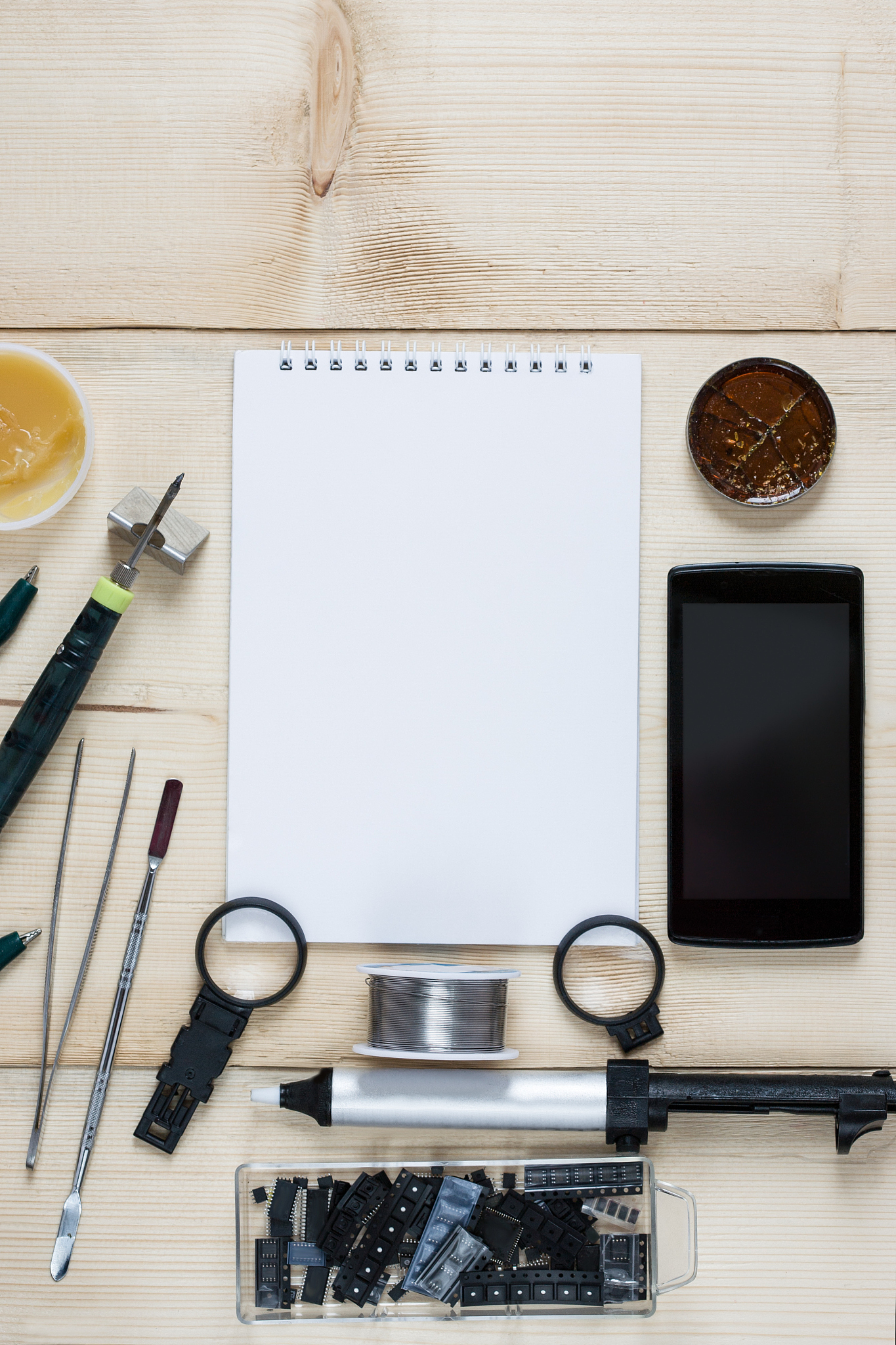repairman workplace with phone and special tools. tool kit: mult