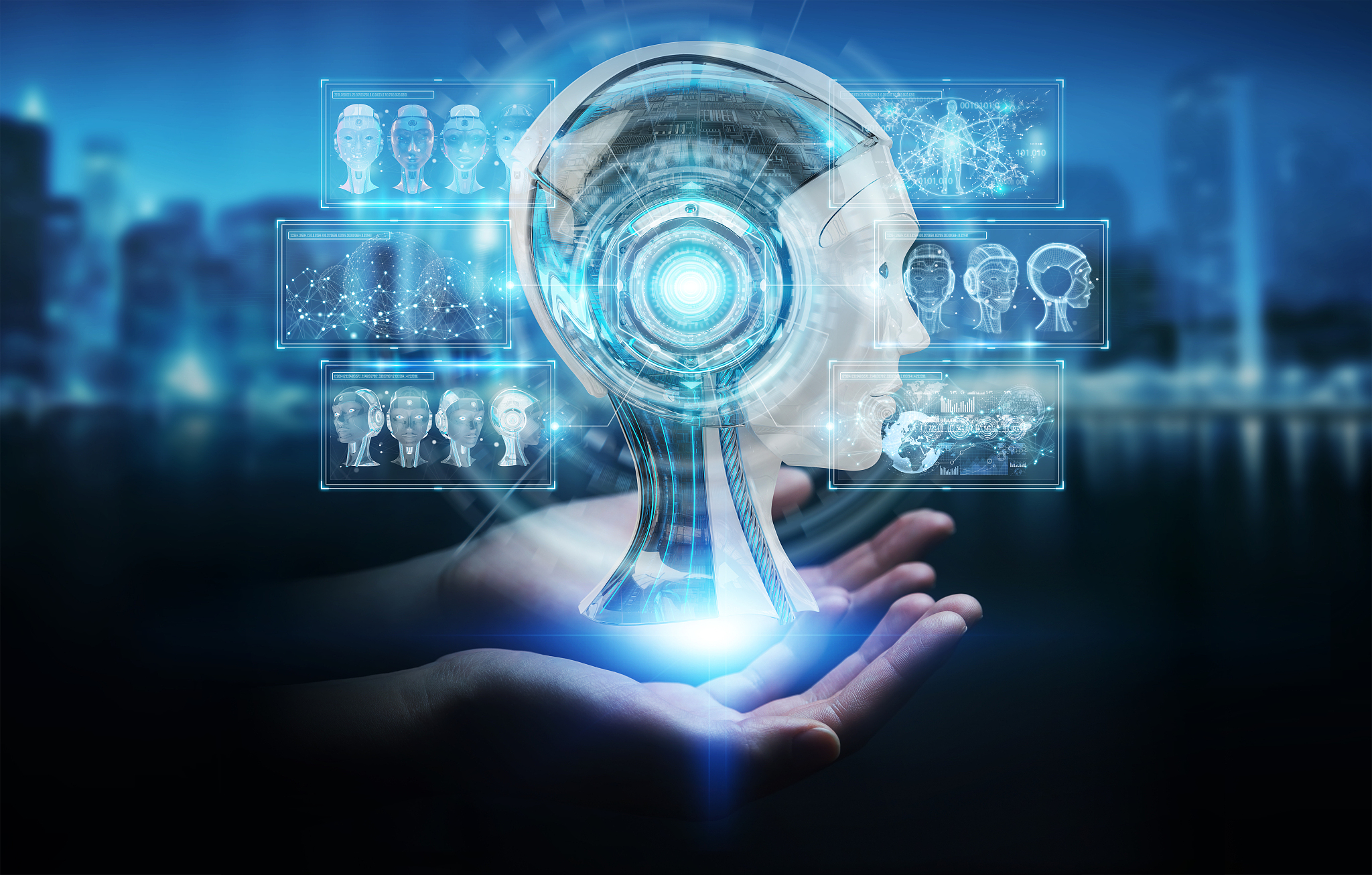 artificial intelligence digital brain on blue background 3d rend