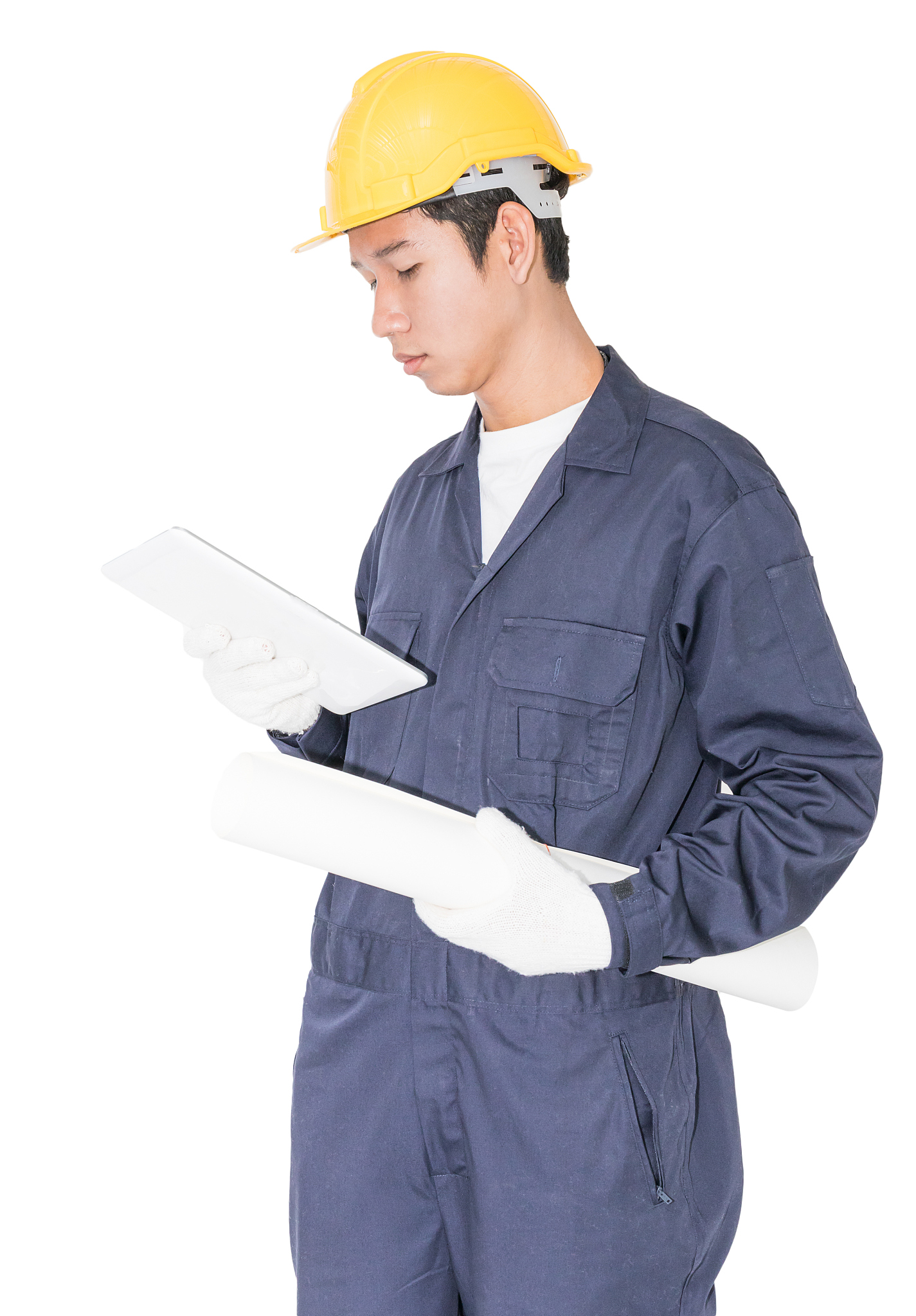 worker holding blueprint on white