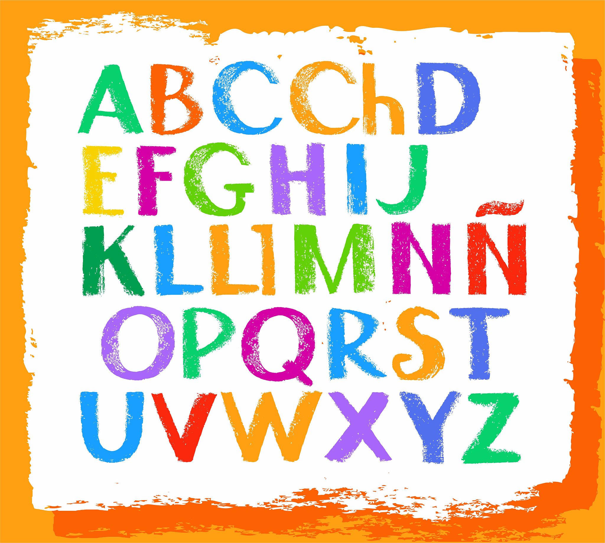 spanish alphabet, capital letter, colored crayons.