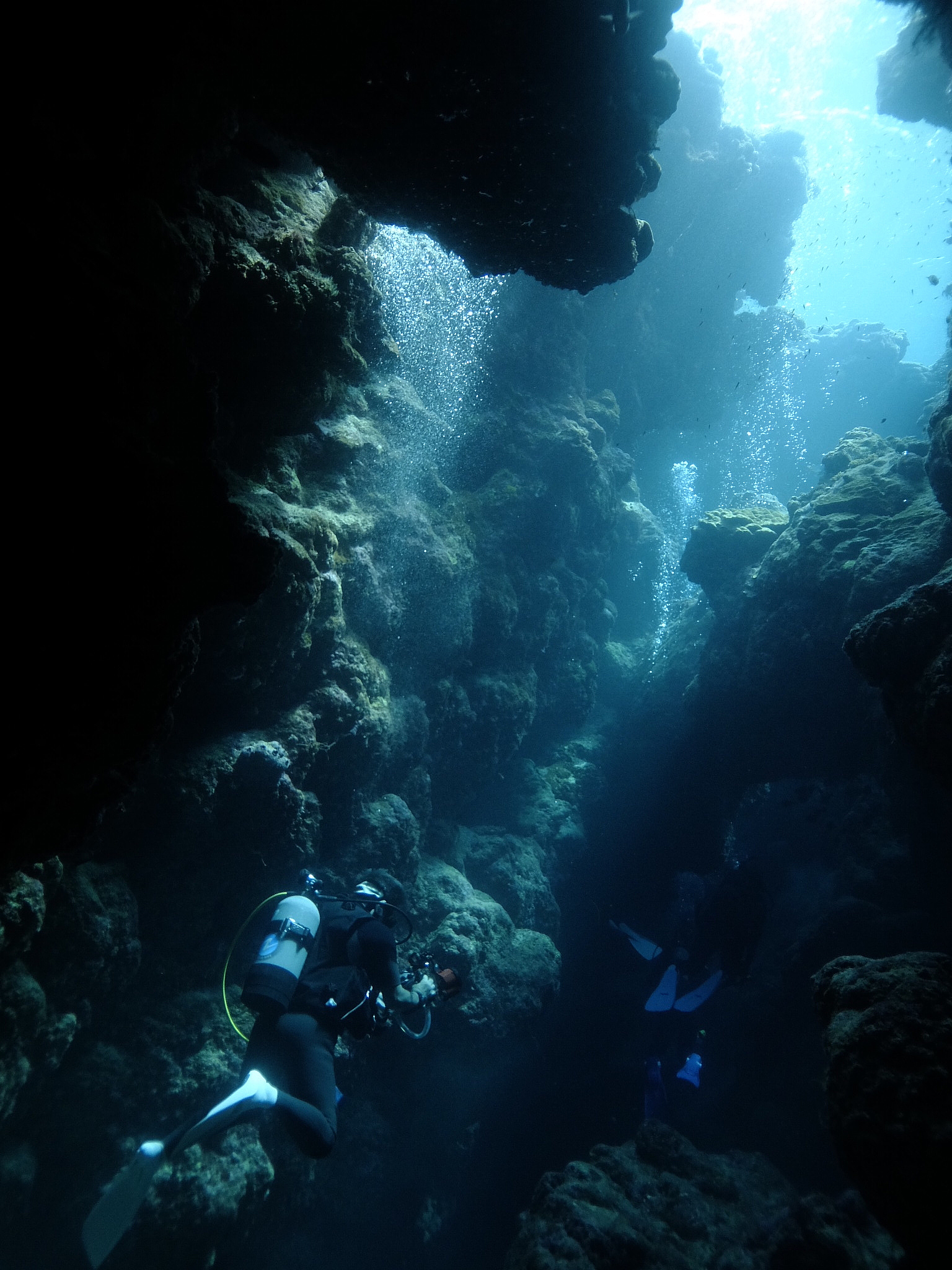people swimming amidst rocks in sea