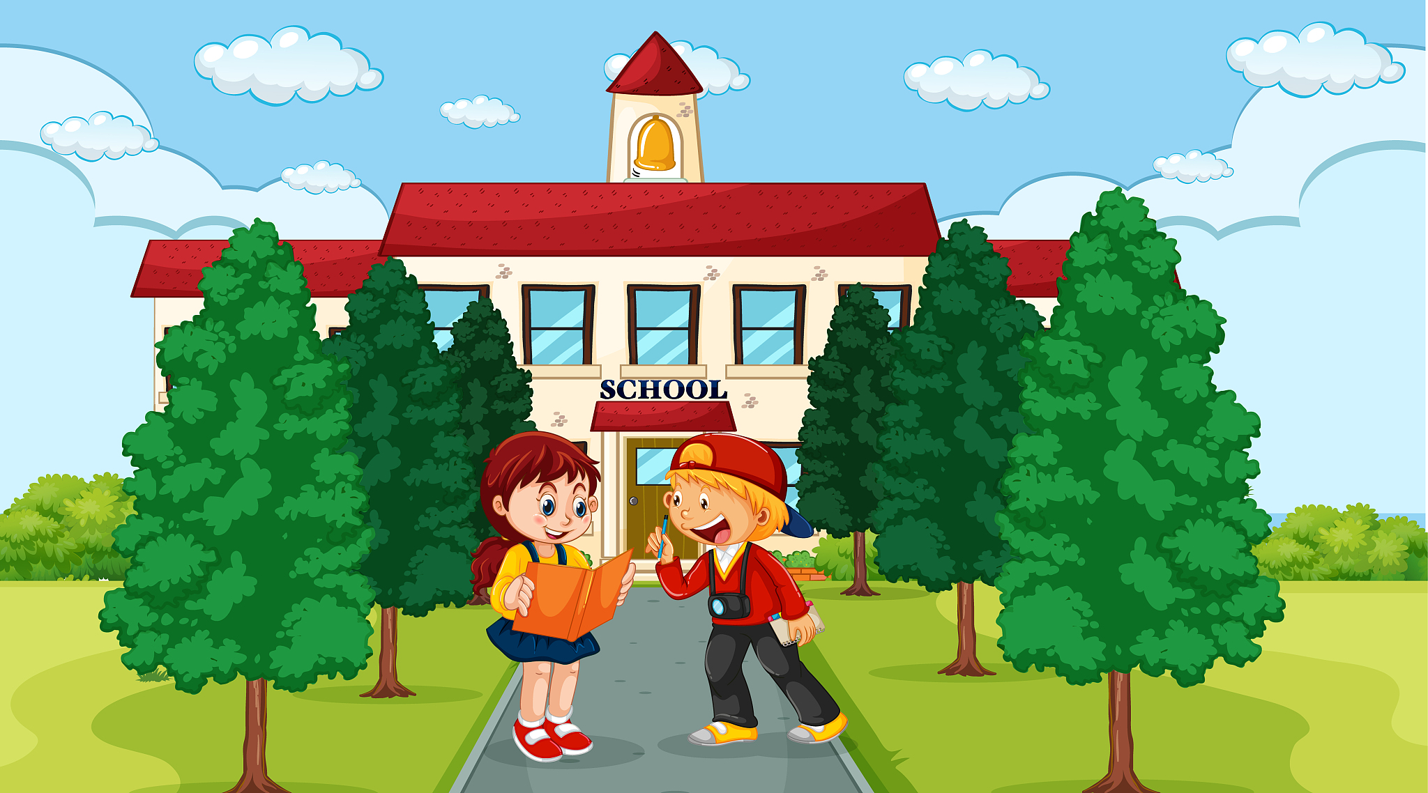 kids infront of school scene