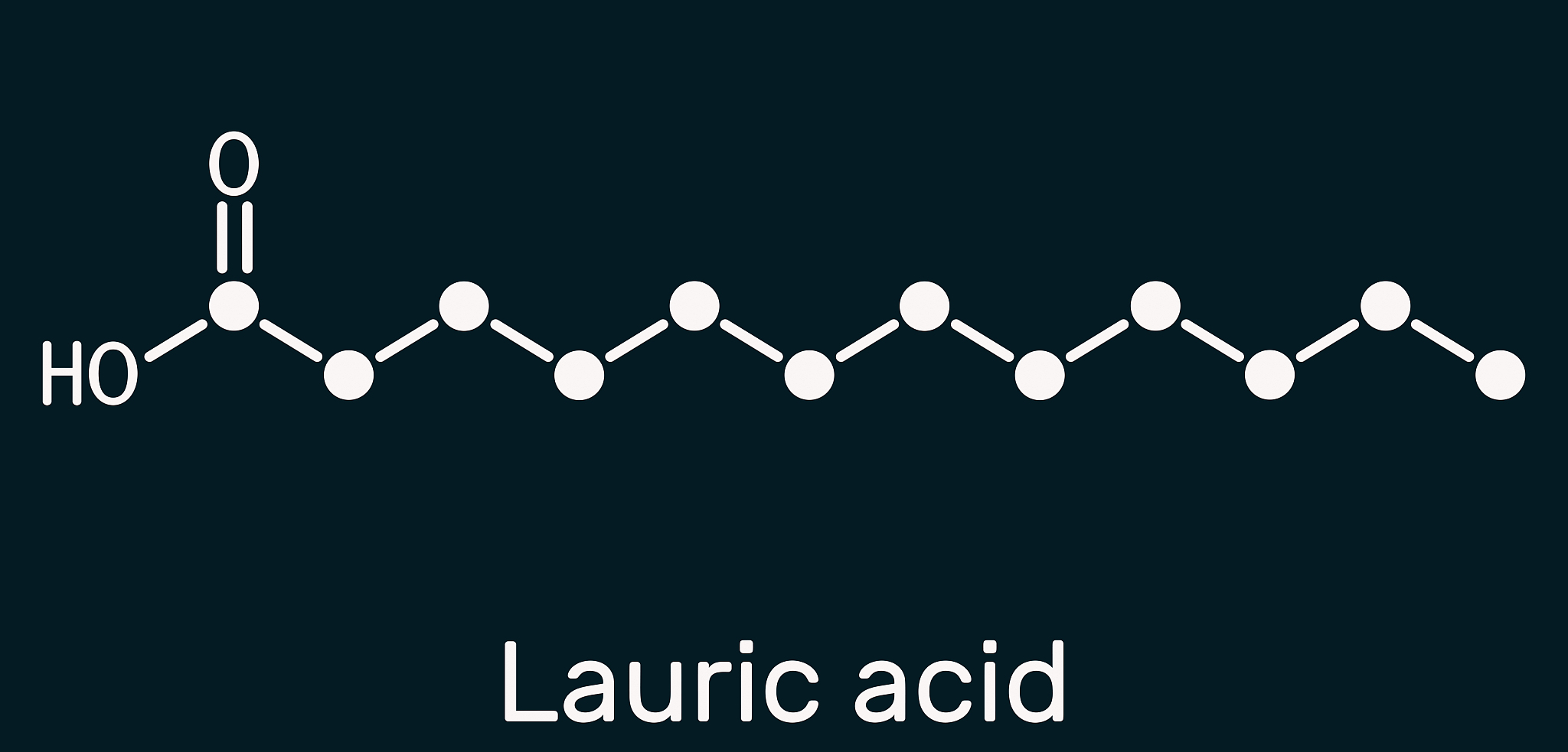 lauric acid, dodecanoic acid, c12h24o2 molecule. it is a saturat