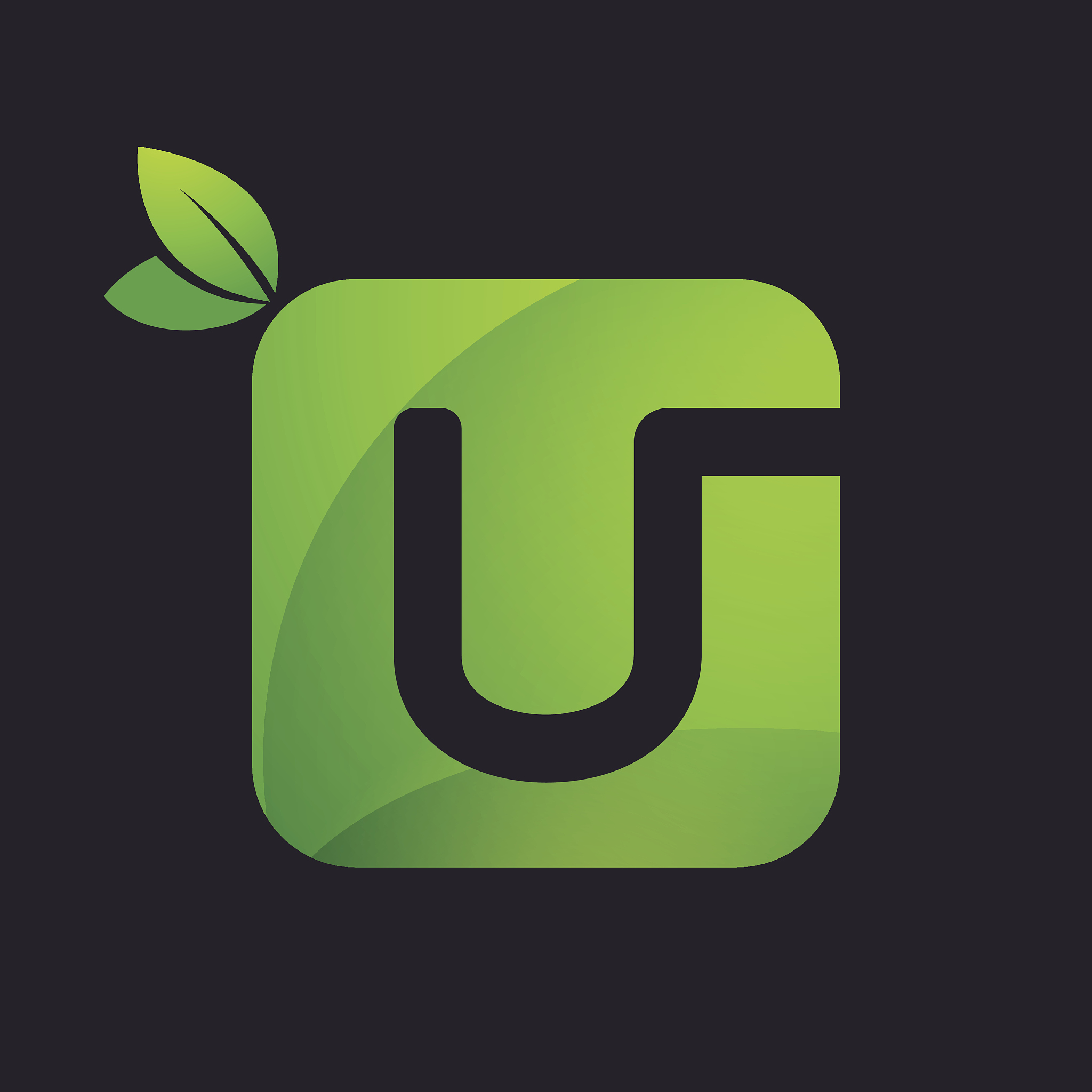 u letter icon with square and green leaves.