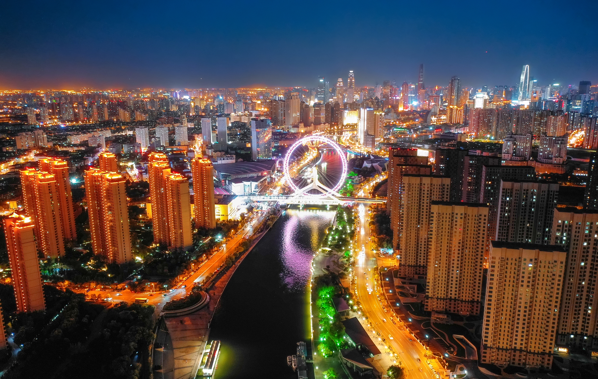 aerial view of tianjin cityscape at night
