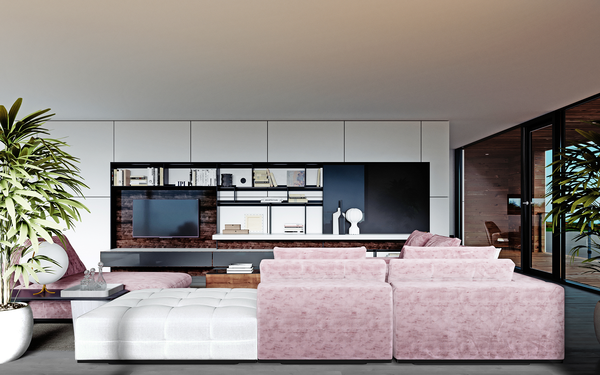 living room with a large pink sofa and a tv unit with shelves an