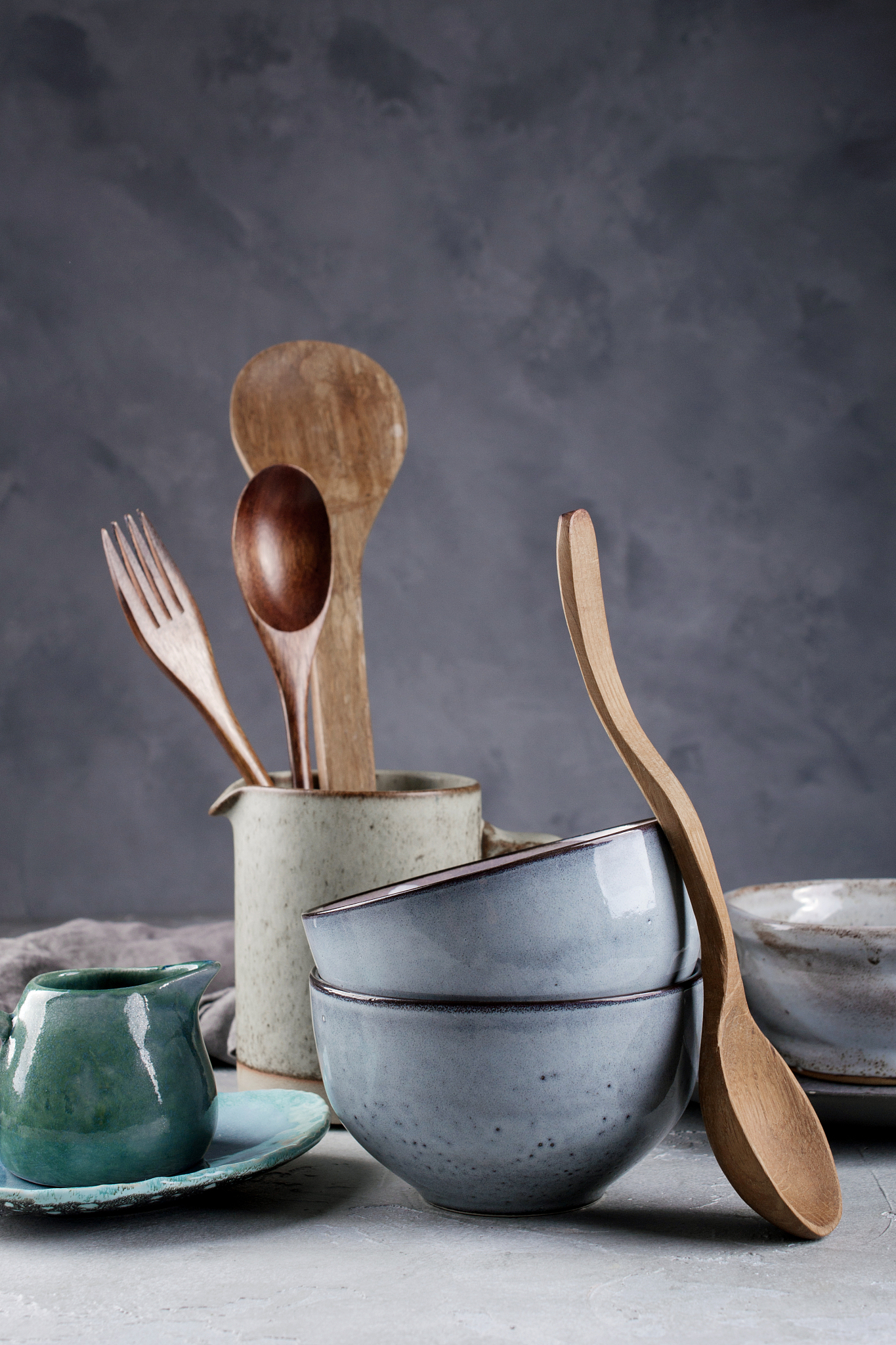 collection of  natural  rustic  handmade crockery tableware in n