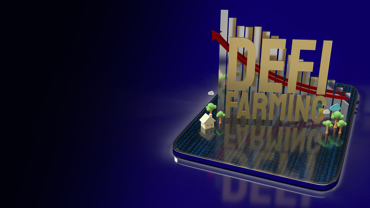在平板电脑上定义农场单词,用于加密货币商业概念3d渲染