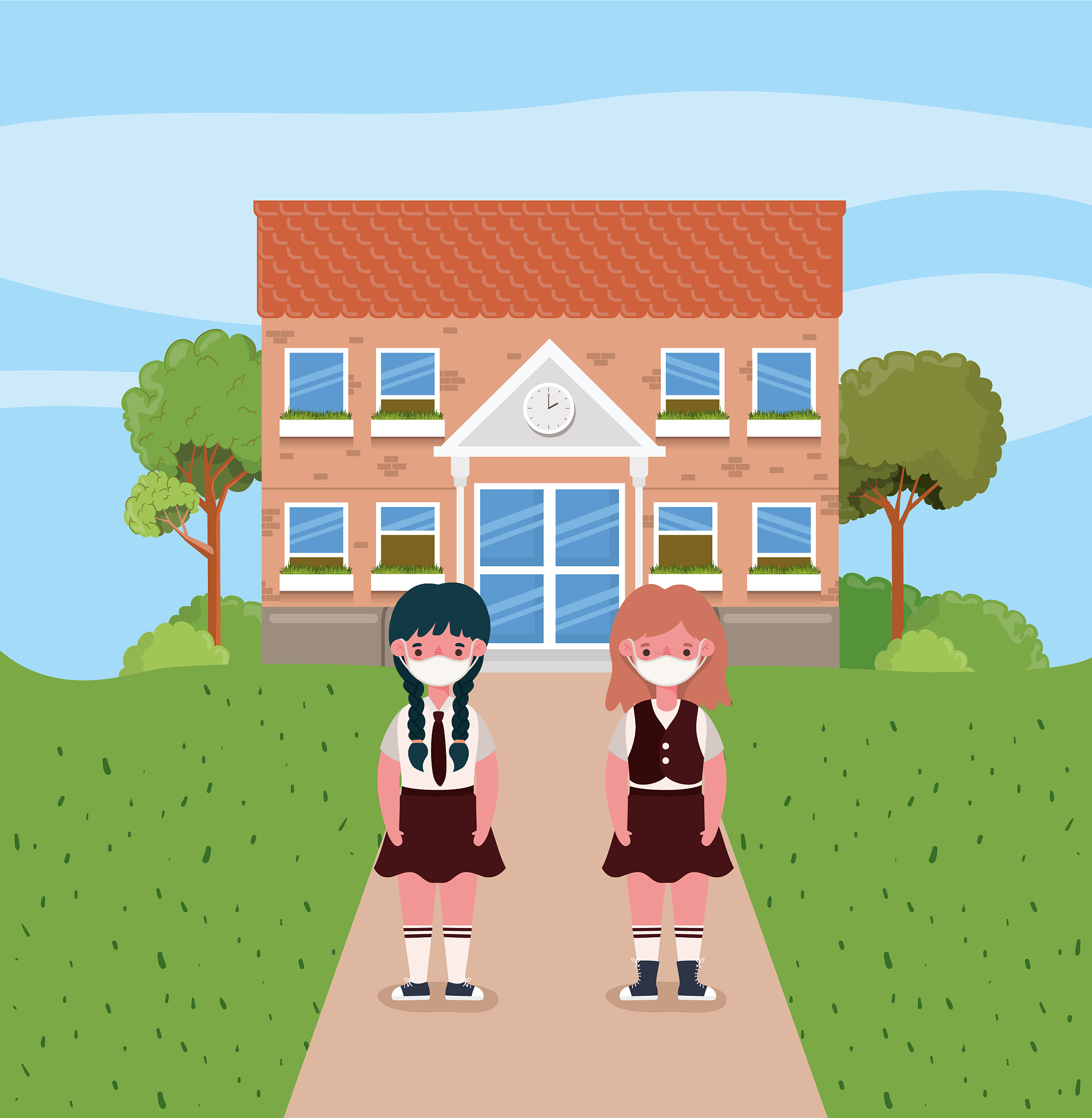 girls kids with masks in front school