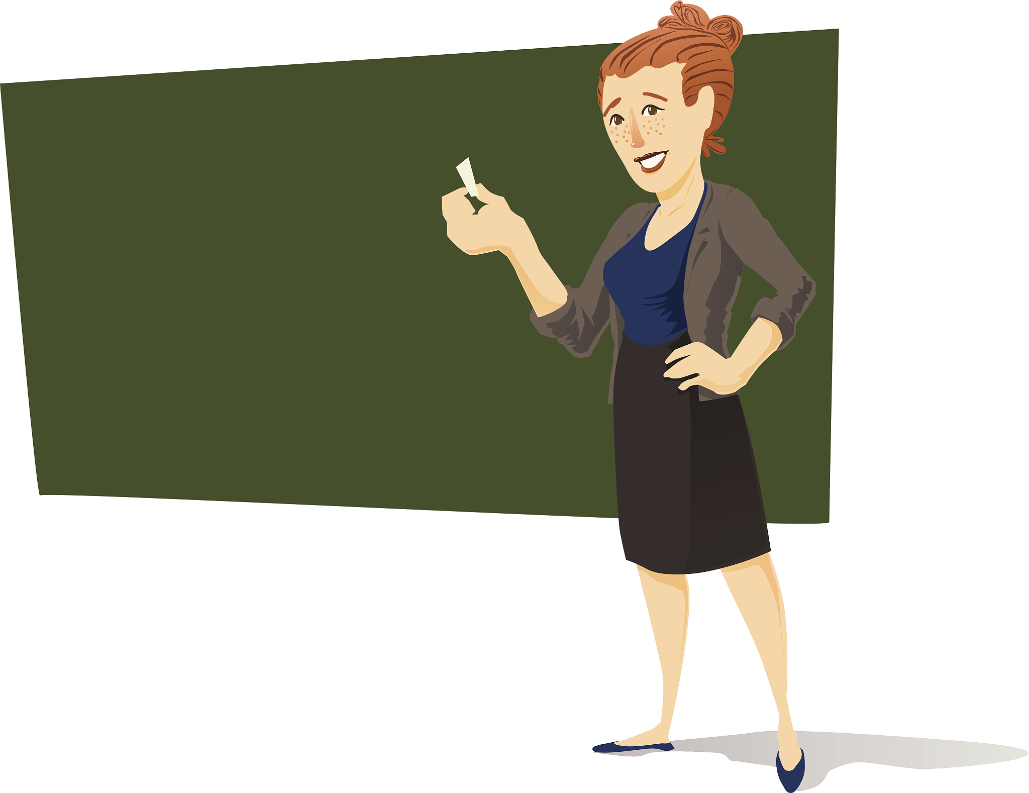 female school teacher standing in front of chalk board