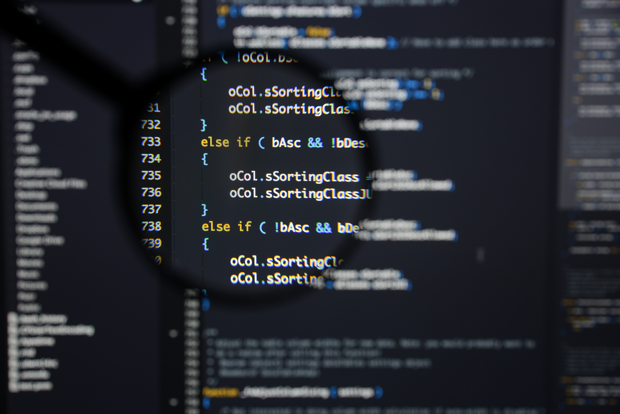 real java script code developing screen. programing workflow abs