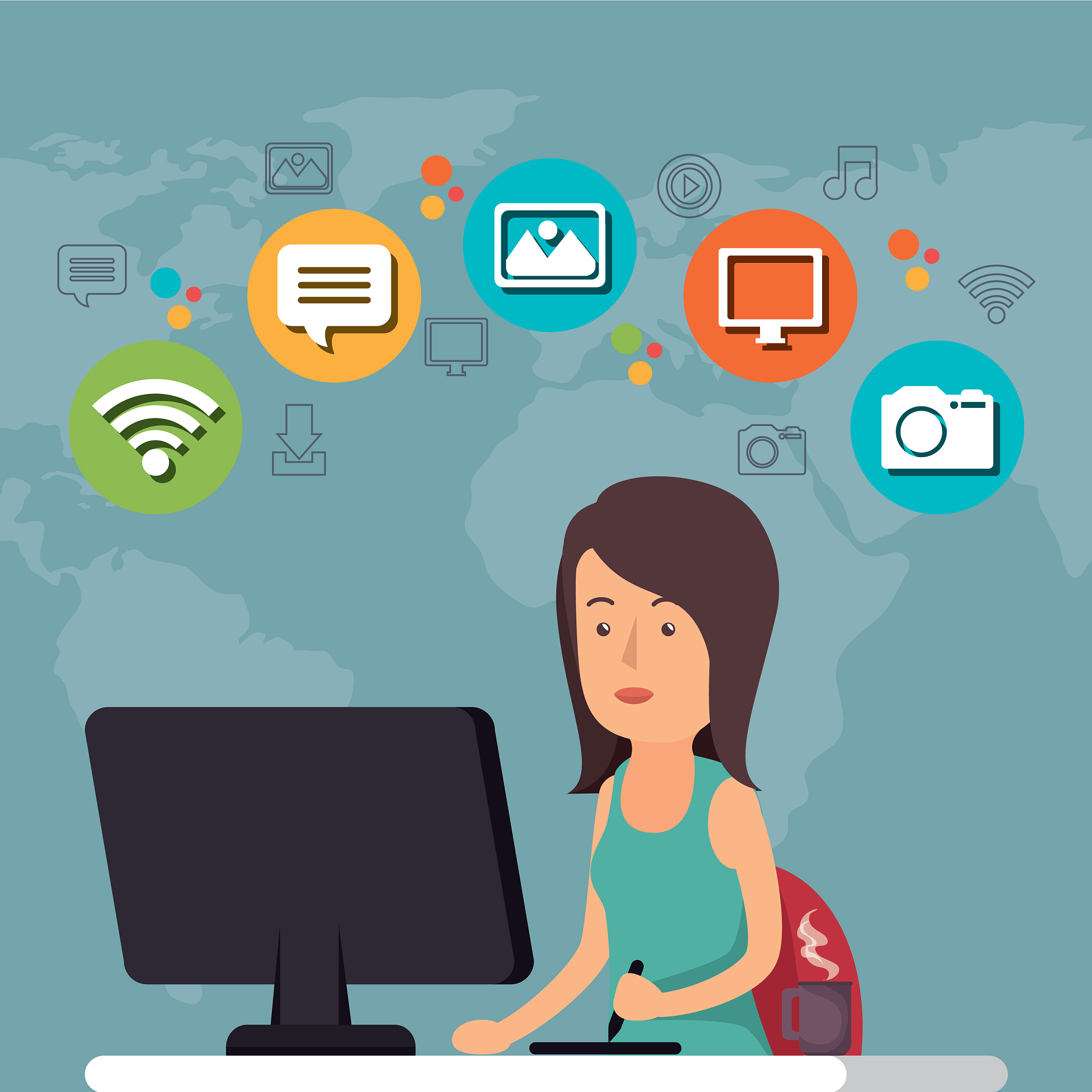 woman working with social media icon