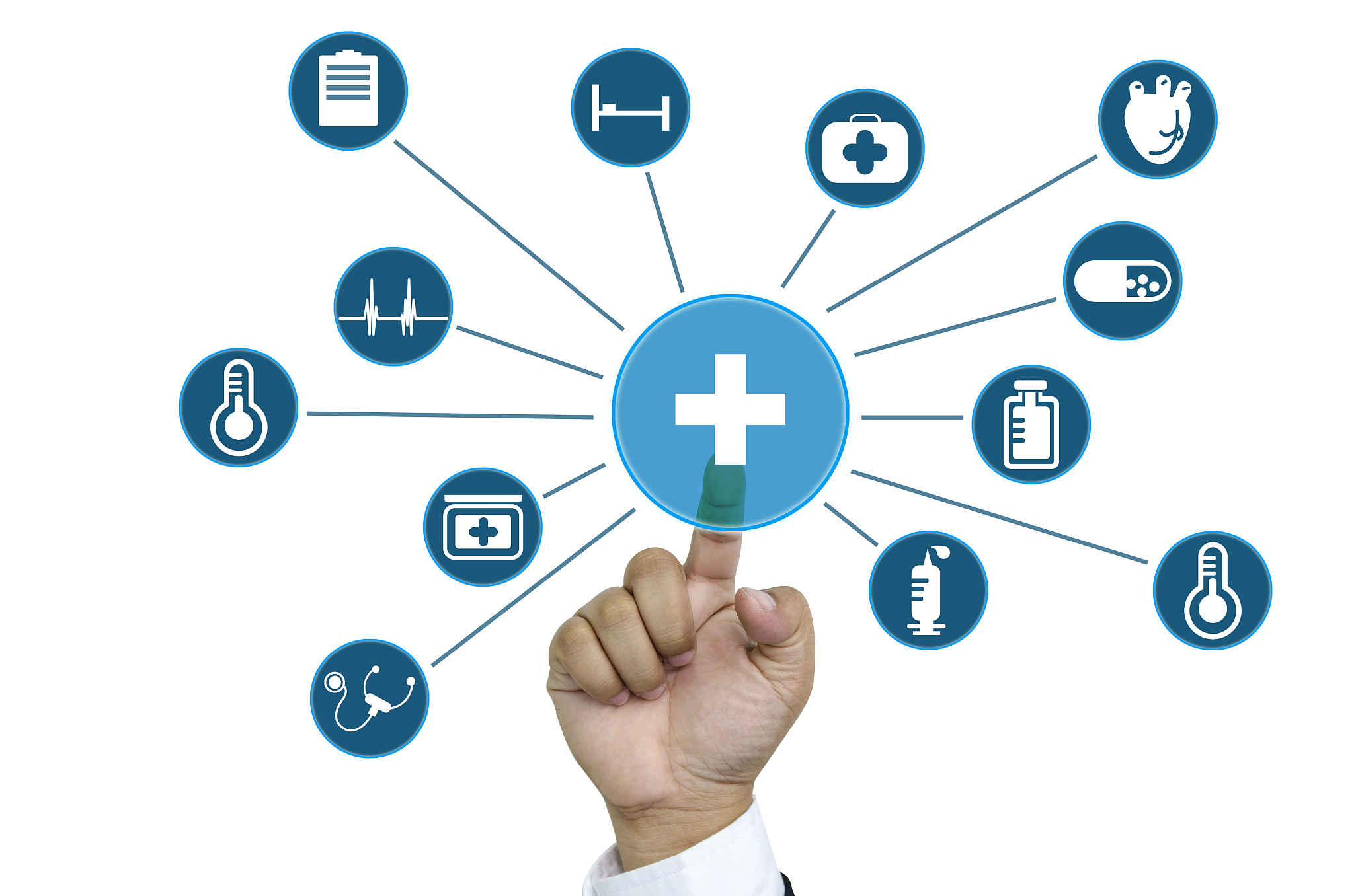 personal health data concept on a virtual network with icons abo
