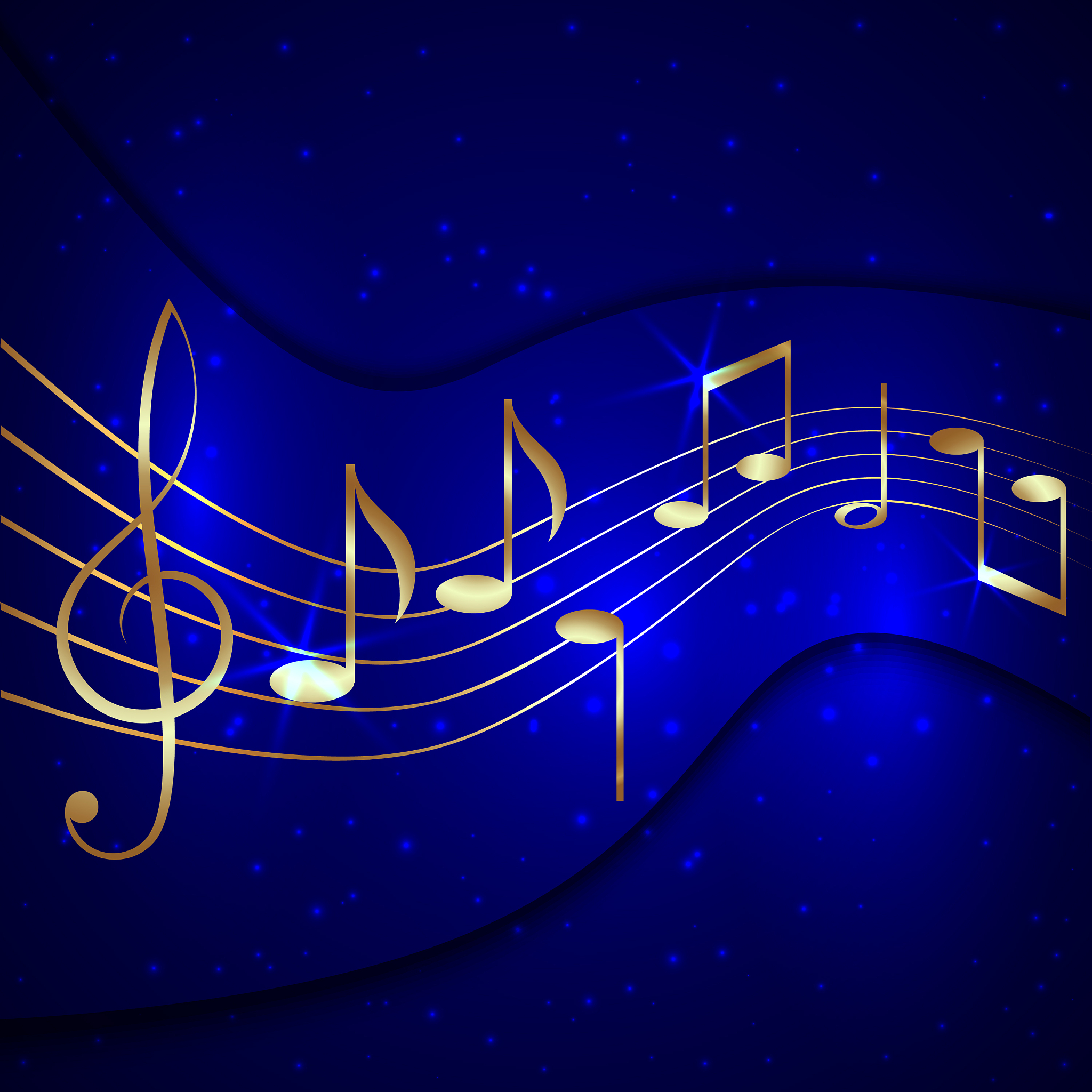 abstract blue musical background with golden notes