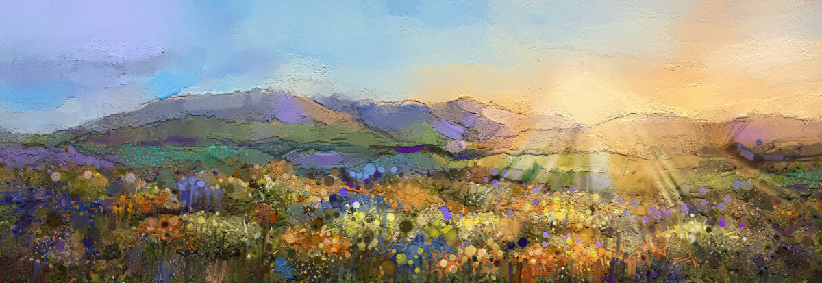 Oil Painting of Lovers Hugging Under Blue Sky with Strong Brushstrokes