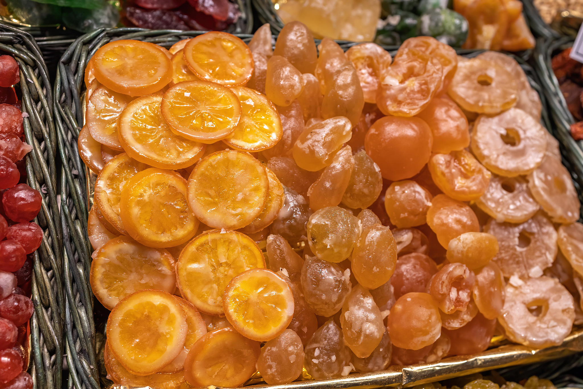 candied fruits in famous market boqueria in barcelona of spain
