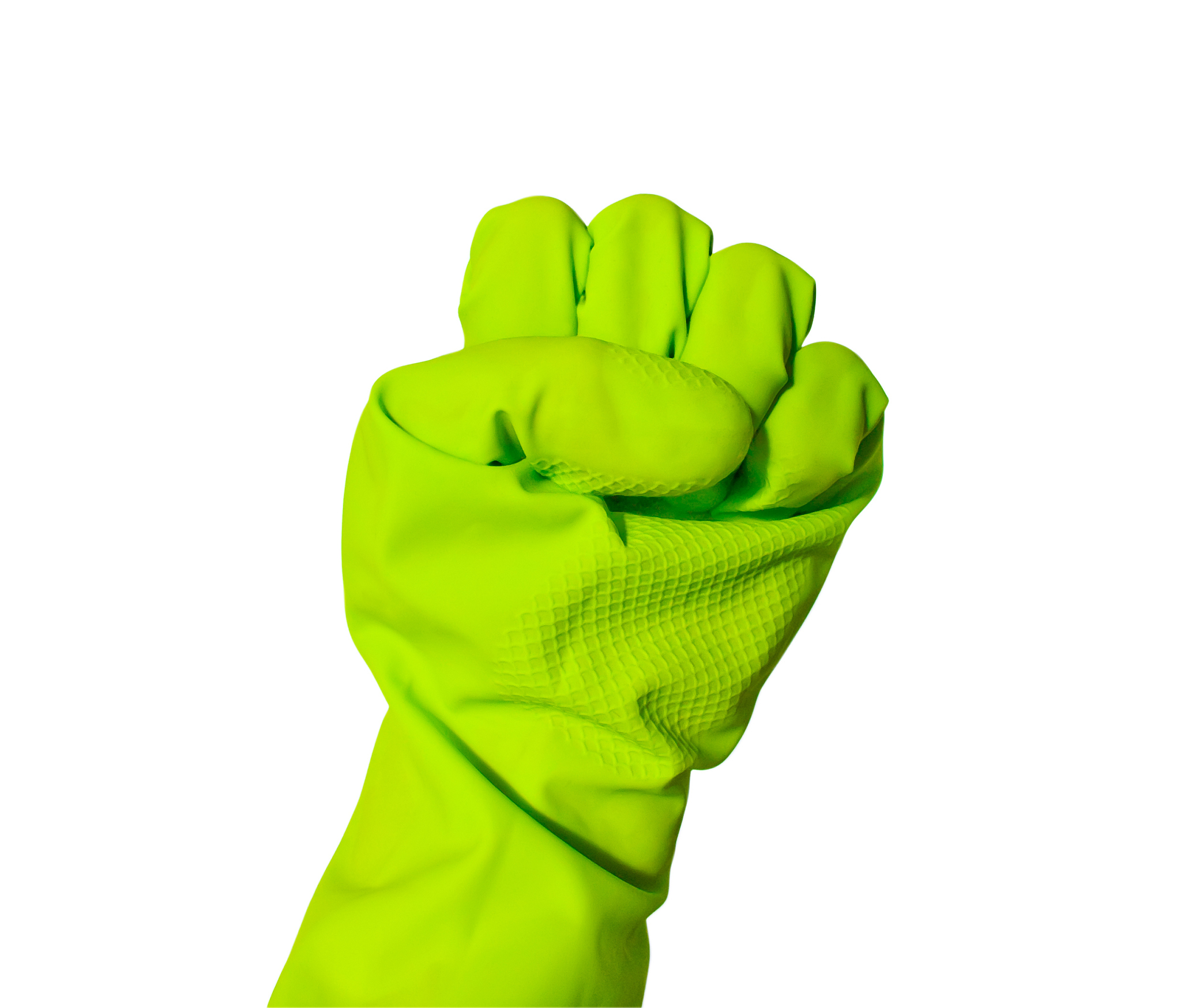 fist sign in green vinyl glove